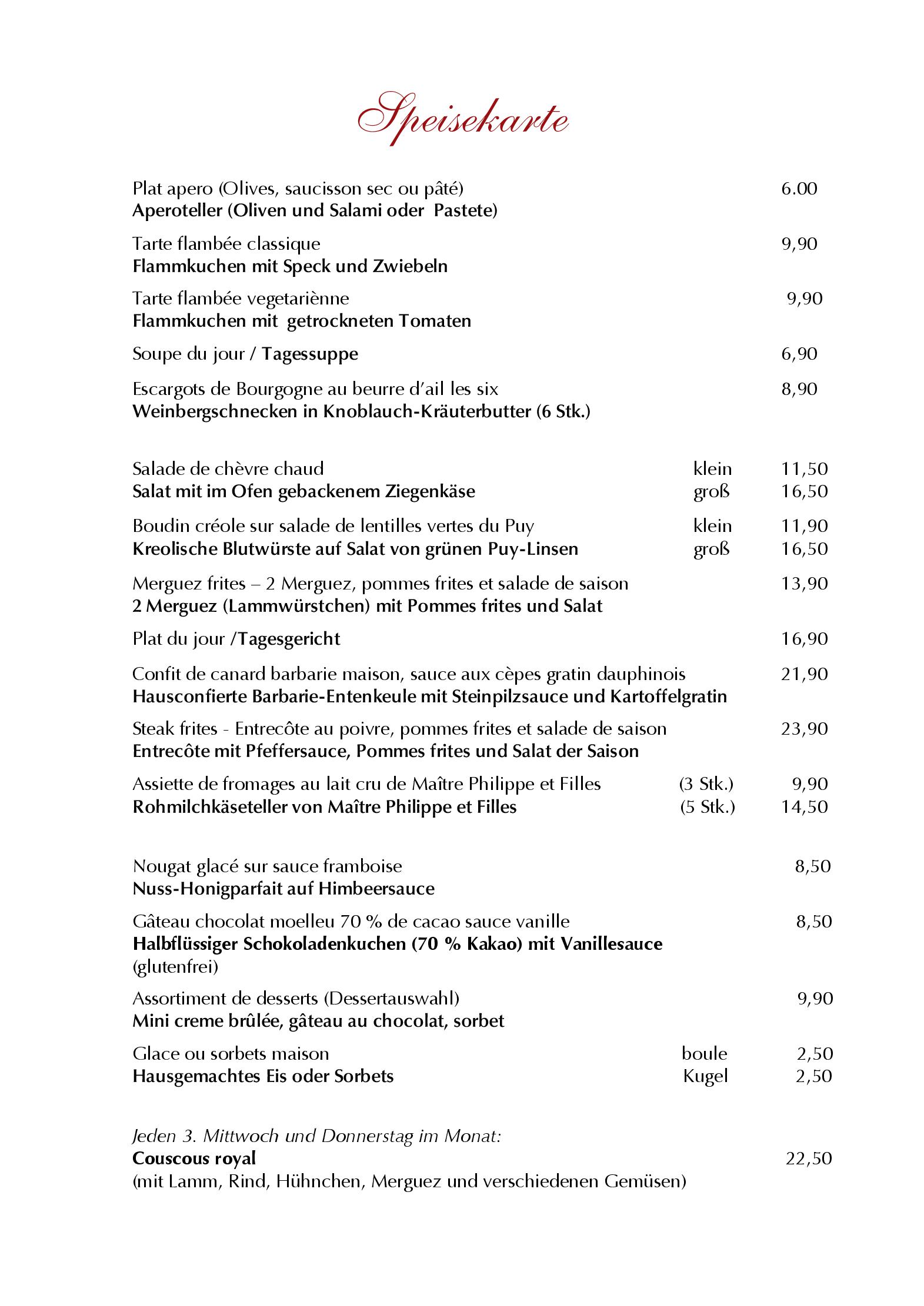 Speisekarte Kochschule Gourmanderie in Berlin, Seite 1