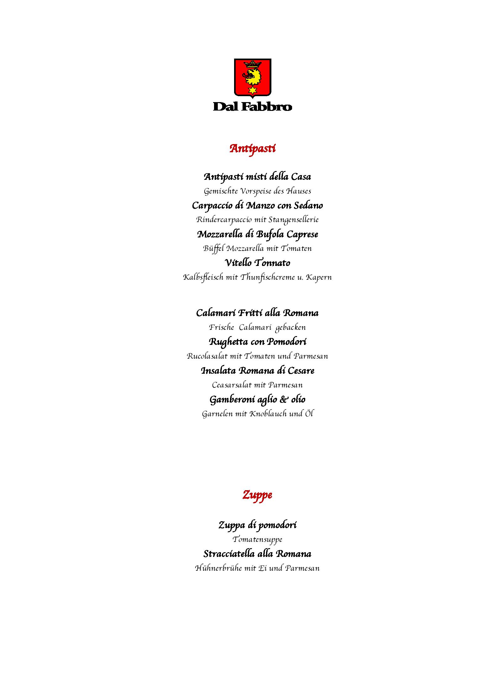 Speisekarte Ristorante Dal Fabbro in Hamburg, Seite 1
