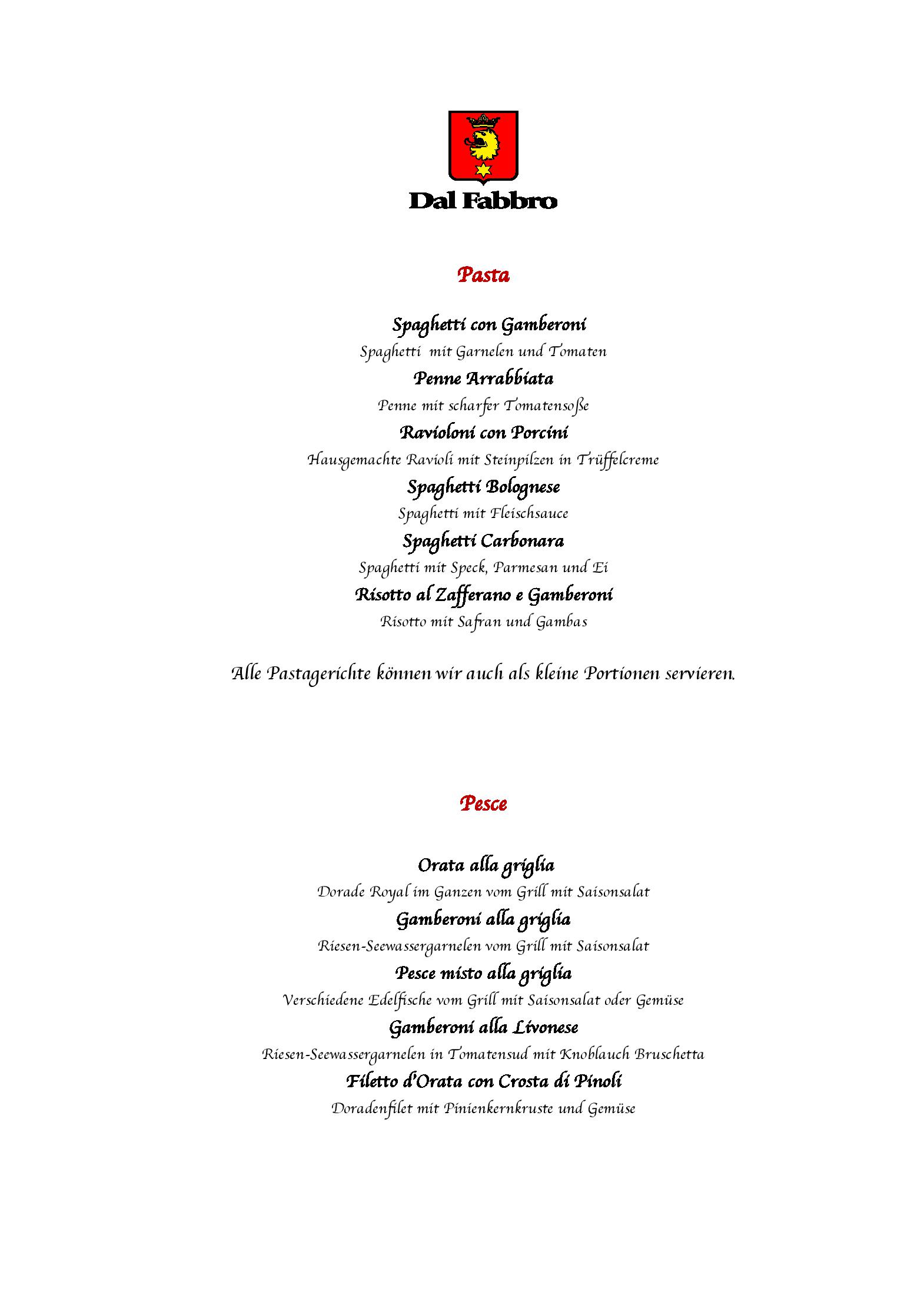 Speisekarte Ristorante Dal Fabbro in Hamburg, Seite 2