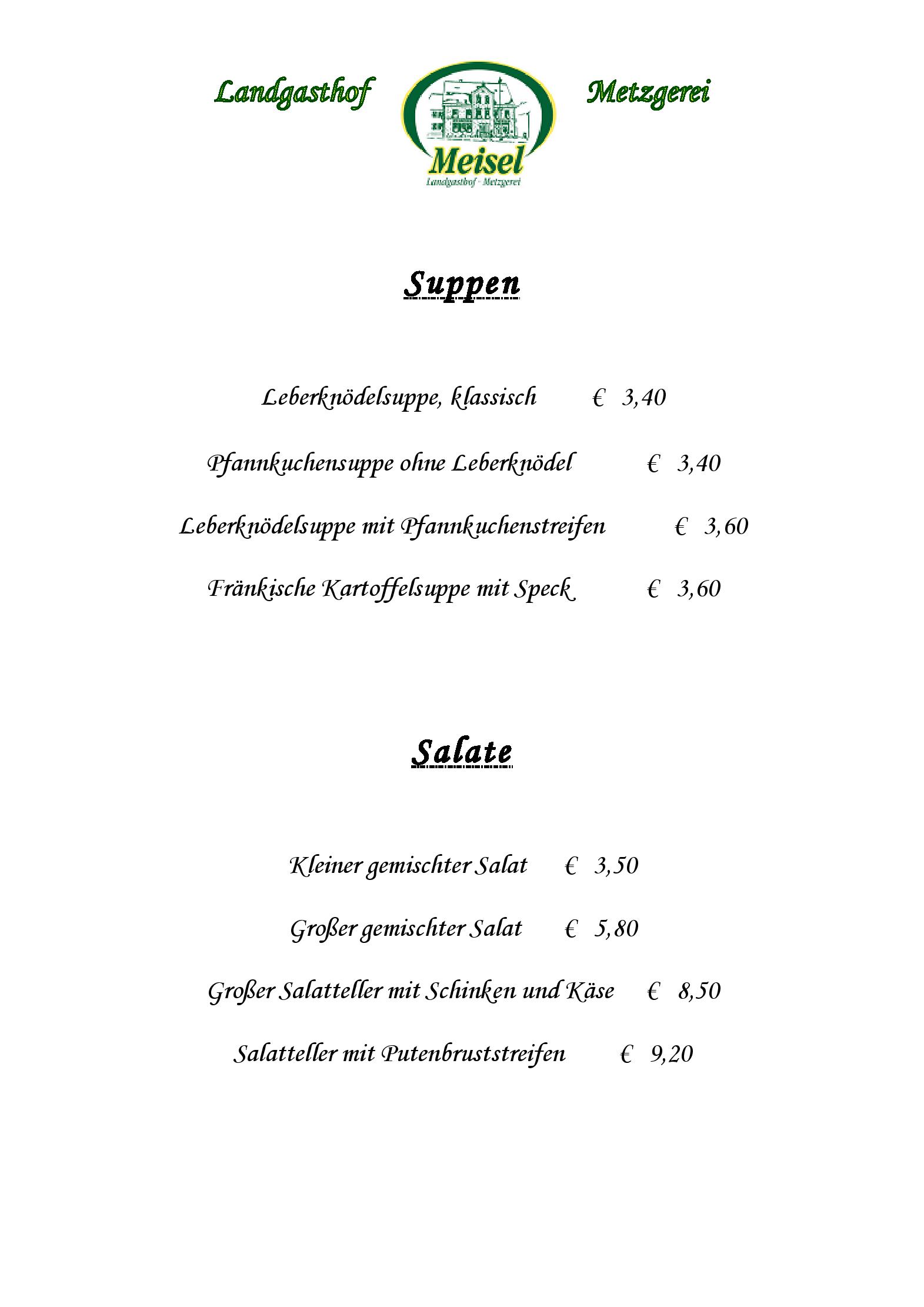 Speisekarte Landgasthof Meisel in Kalchreuth, Seite 1