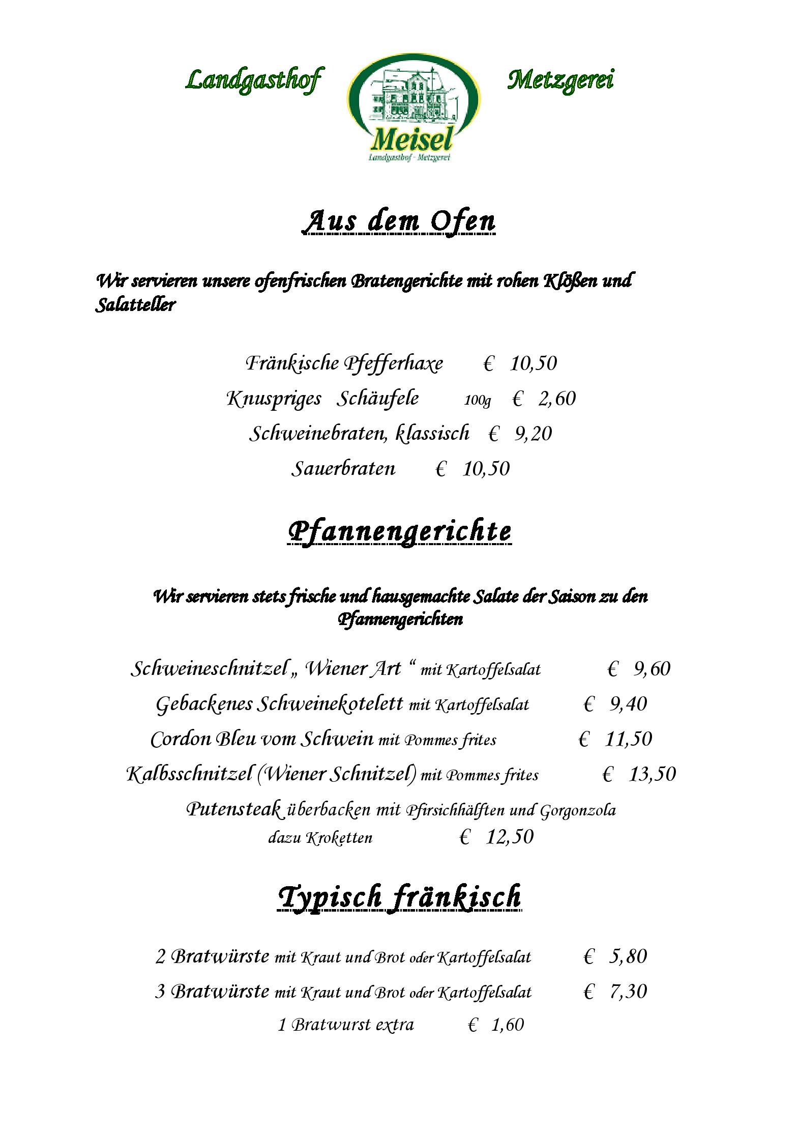 Speisekarte Landgasthof Meisel in Kalchreuth, Seite 2