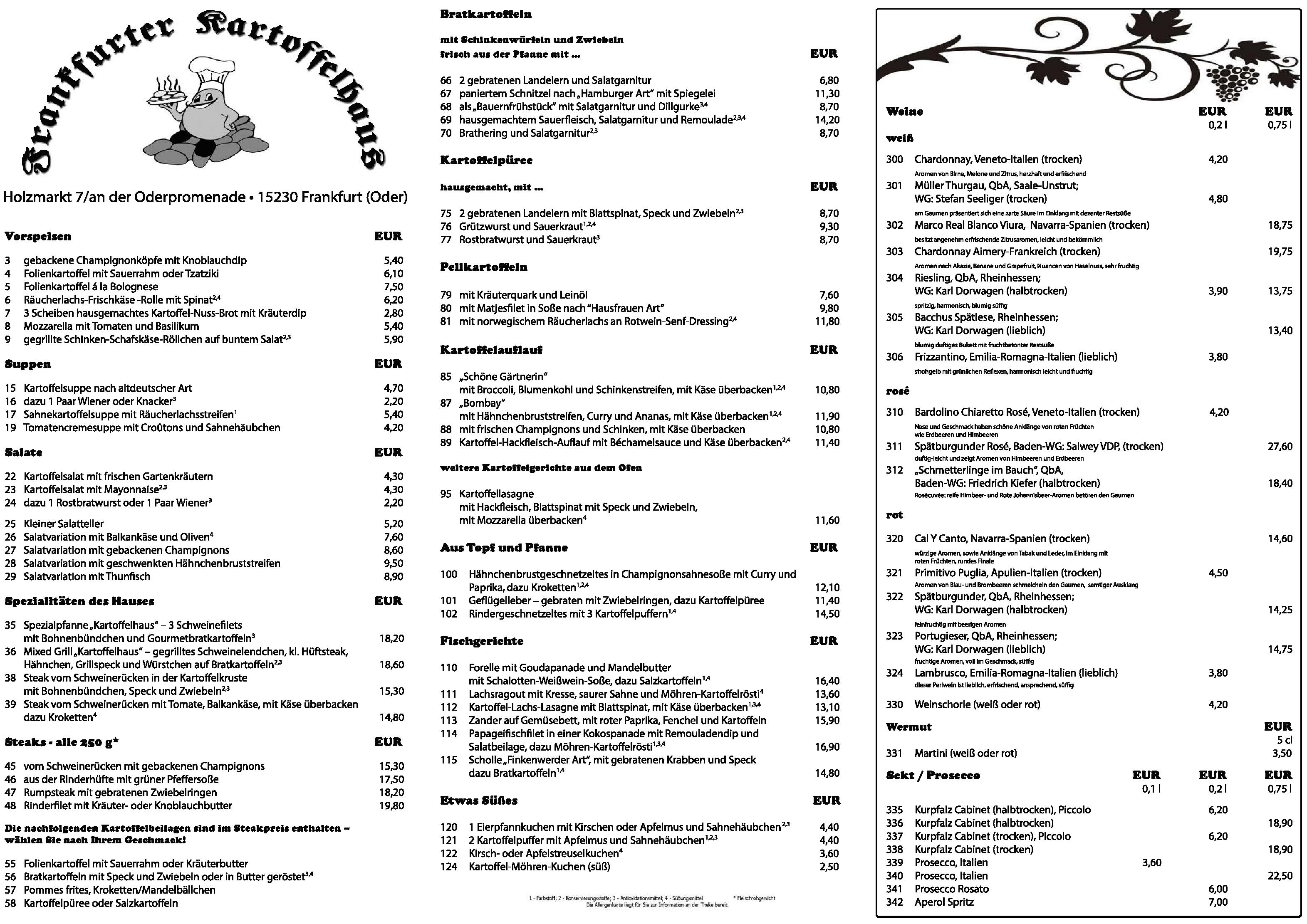 Speisekarte Frankfurter Kartoffelhaus in Frankfurt (Oder), Seite 1