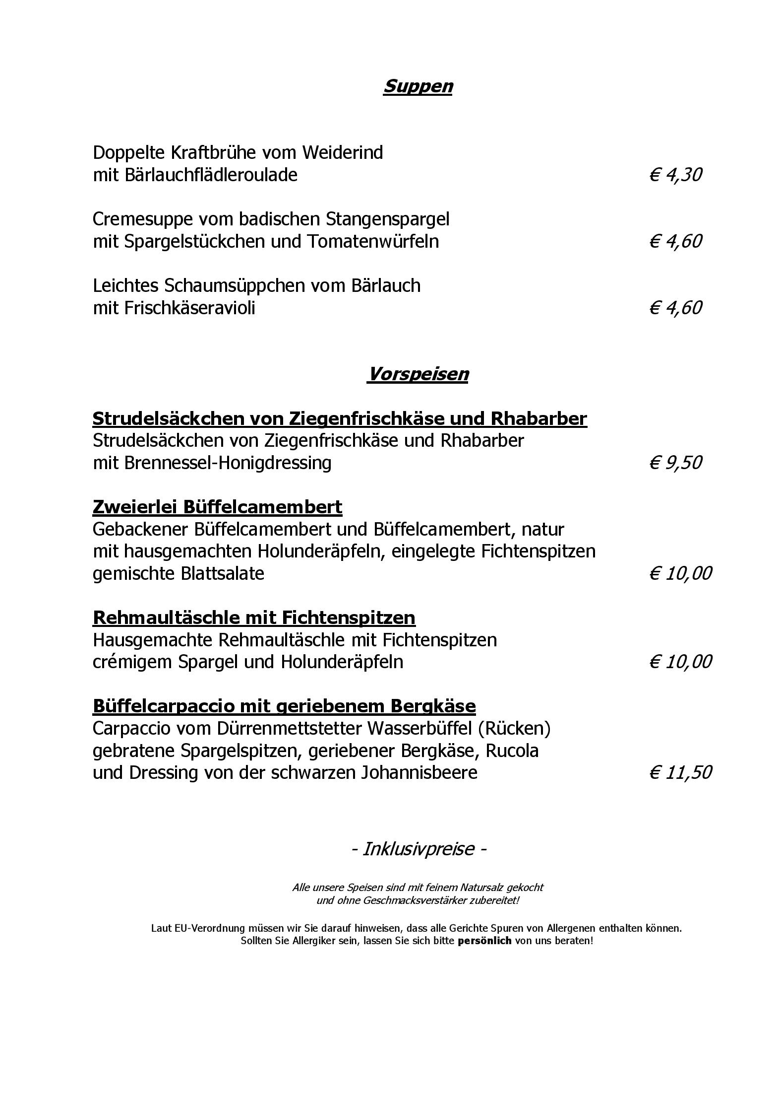 Speisekarte Schwarzwaldhotel Tanne Tonbach in Baiersbronn, Seite 1
