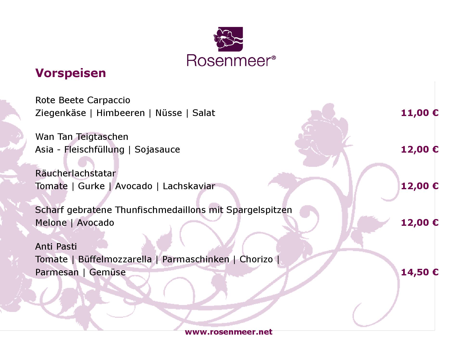 Speisekarte Rosenmeer Hotel & Restaurant in Mönchengladbach, Seite 1