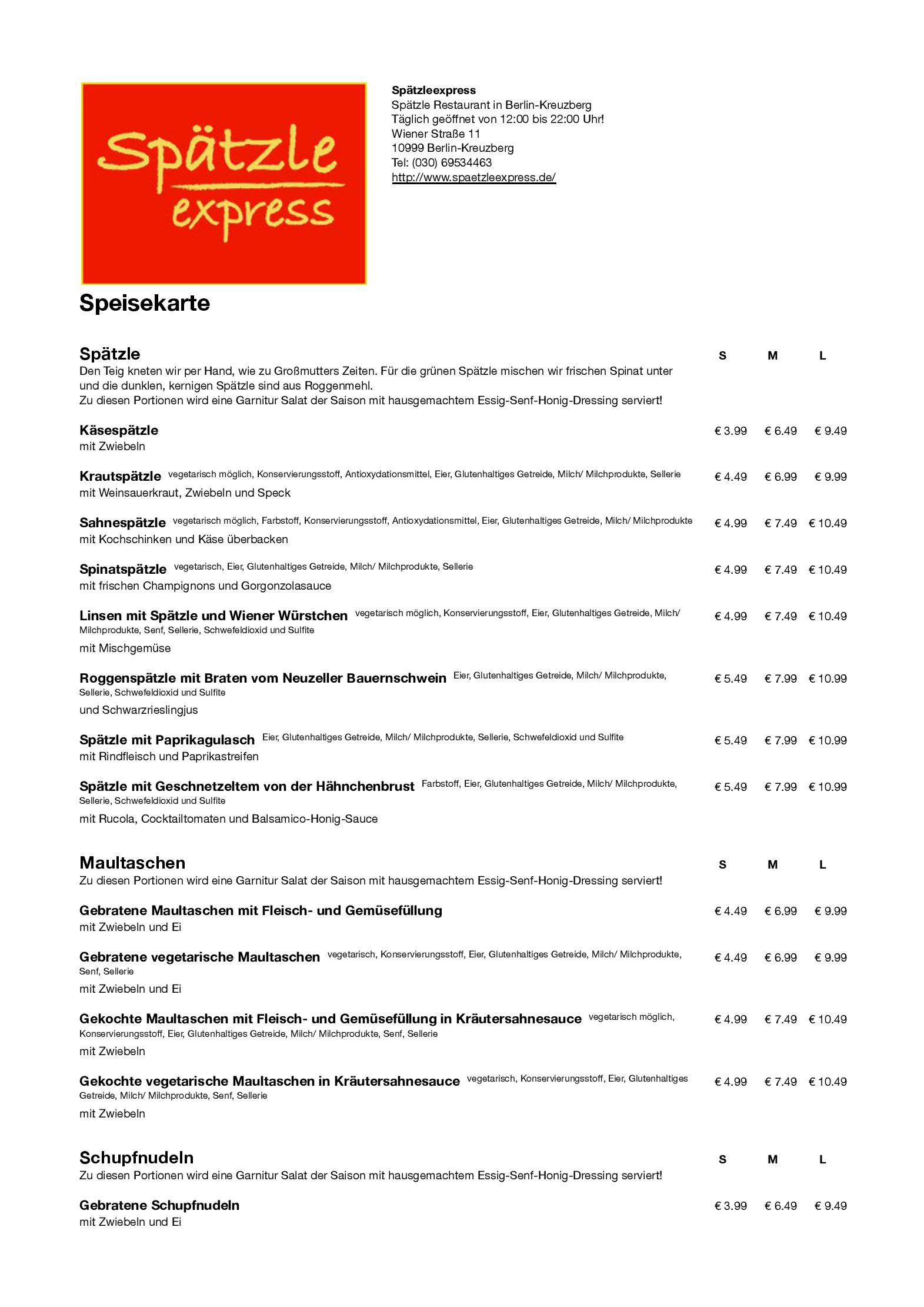 Speisekarte Spätzleexpress in Berlin, Seite 1