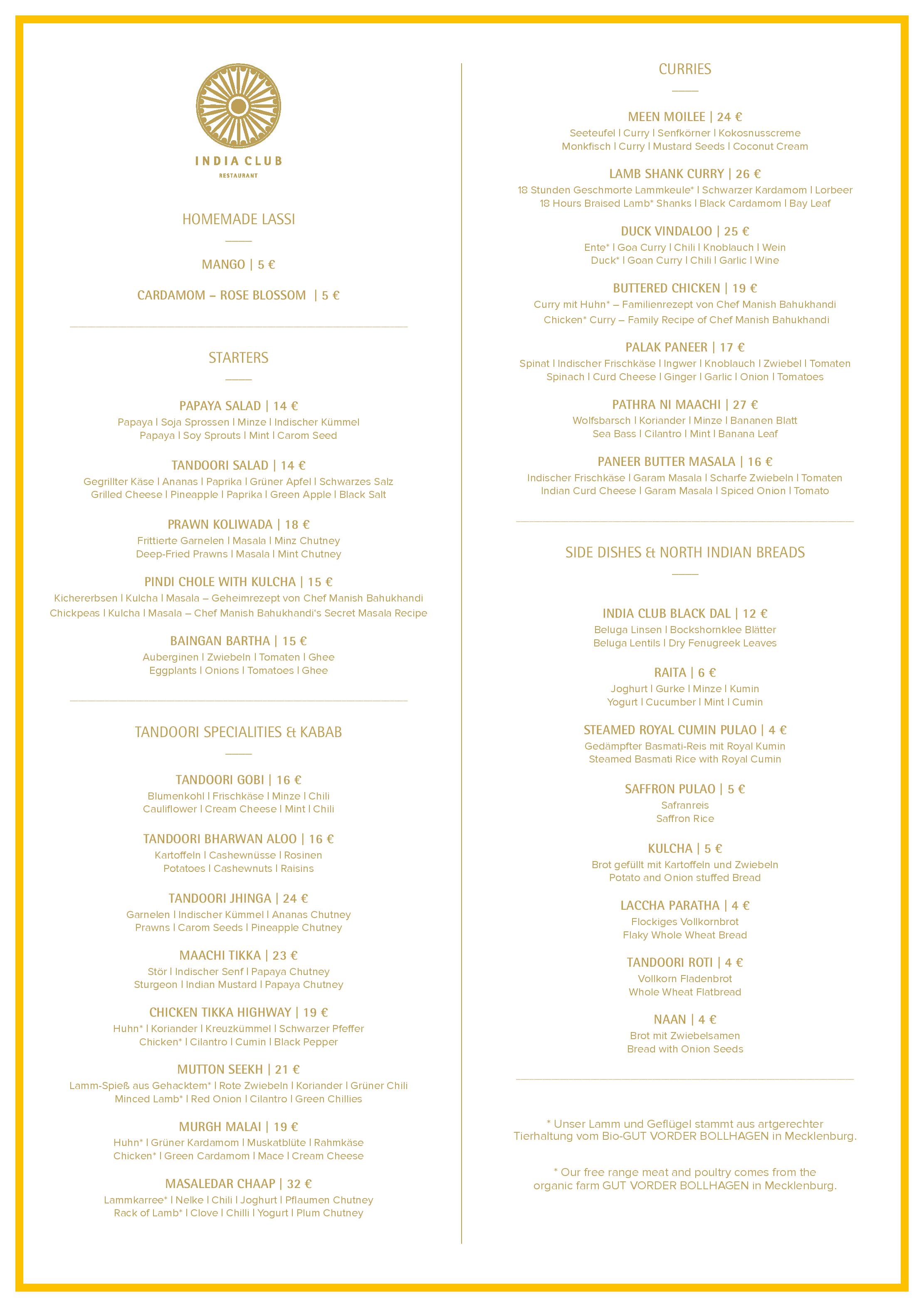Speisekarte India Club Restaurant in Berlin, Seite 1