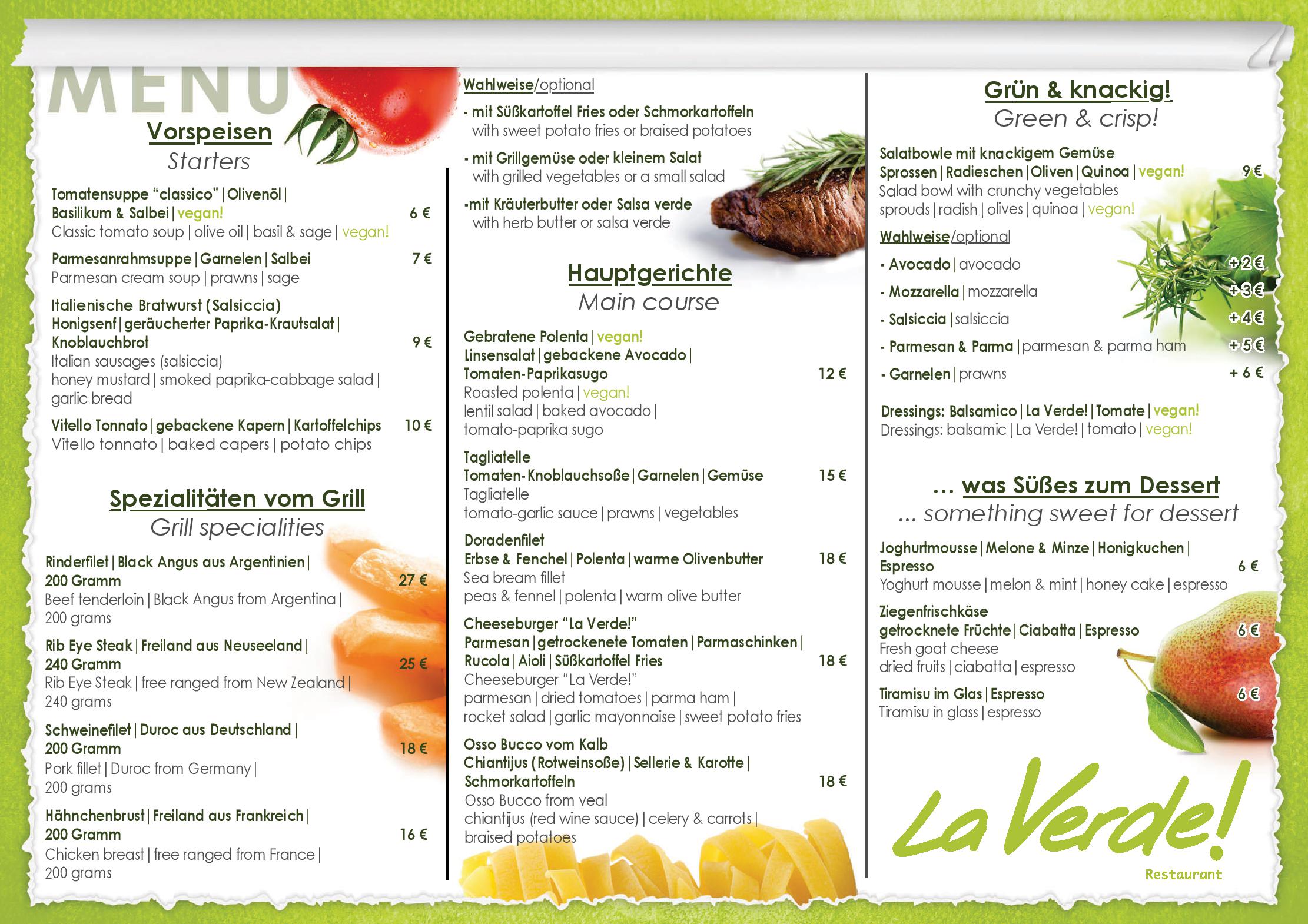 Speisekarte Restaurant La Verde in Köln, Seite 1