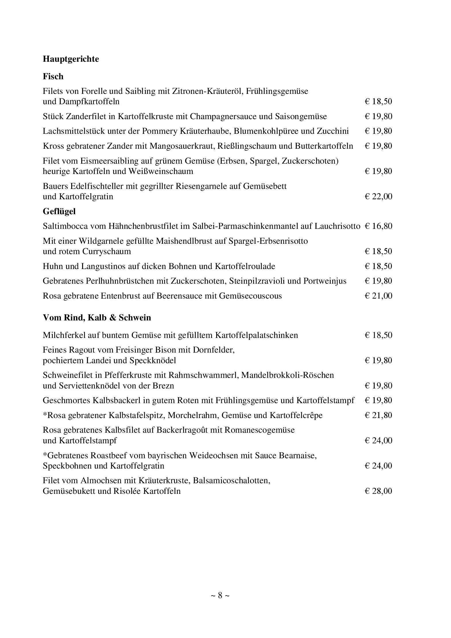 Speisekarte Restaurant im Hotel Bauer in Feldkirchen, Seite 8