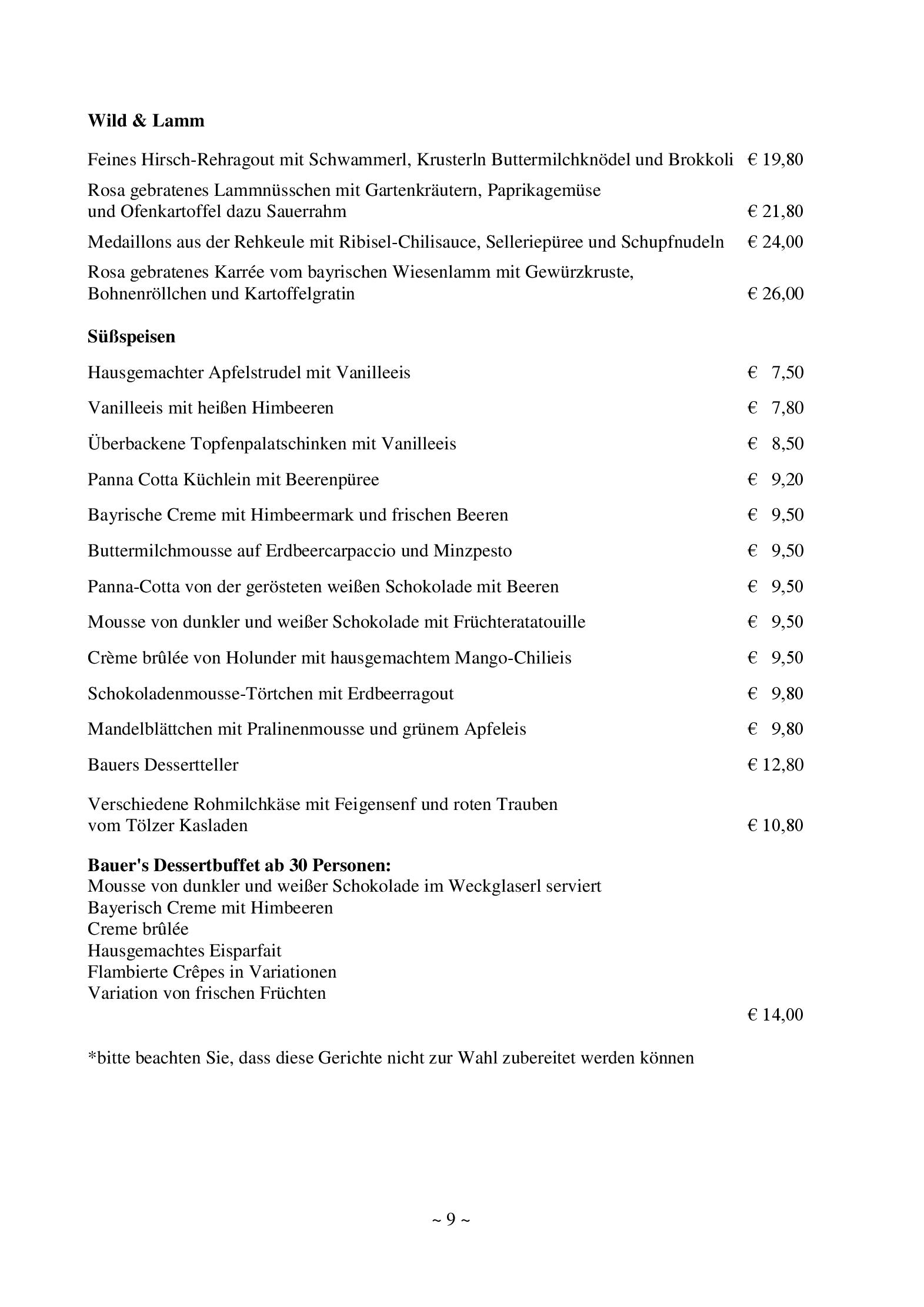 Speisekarte Restaurant im Hotel Bauer in Feldkirchen, Seite 9