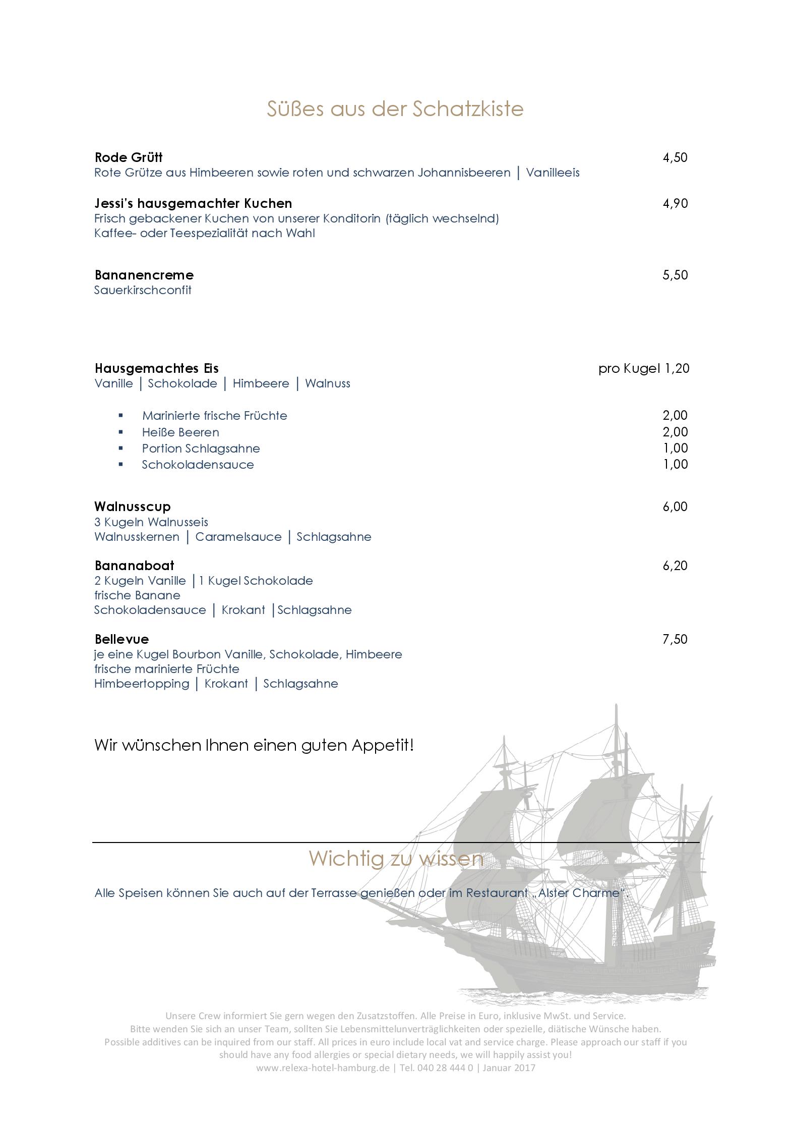 Speisekarte Unter Deck im relexa Hotel Bellevue in Hamburg, Seite 4
