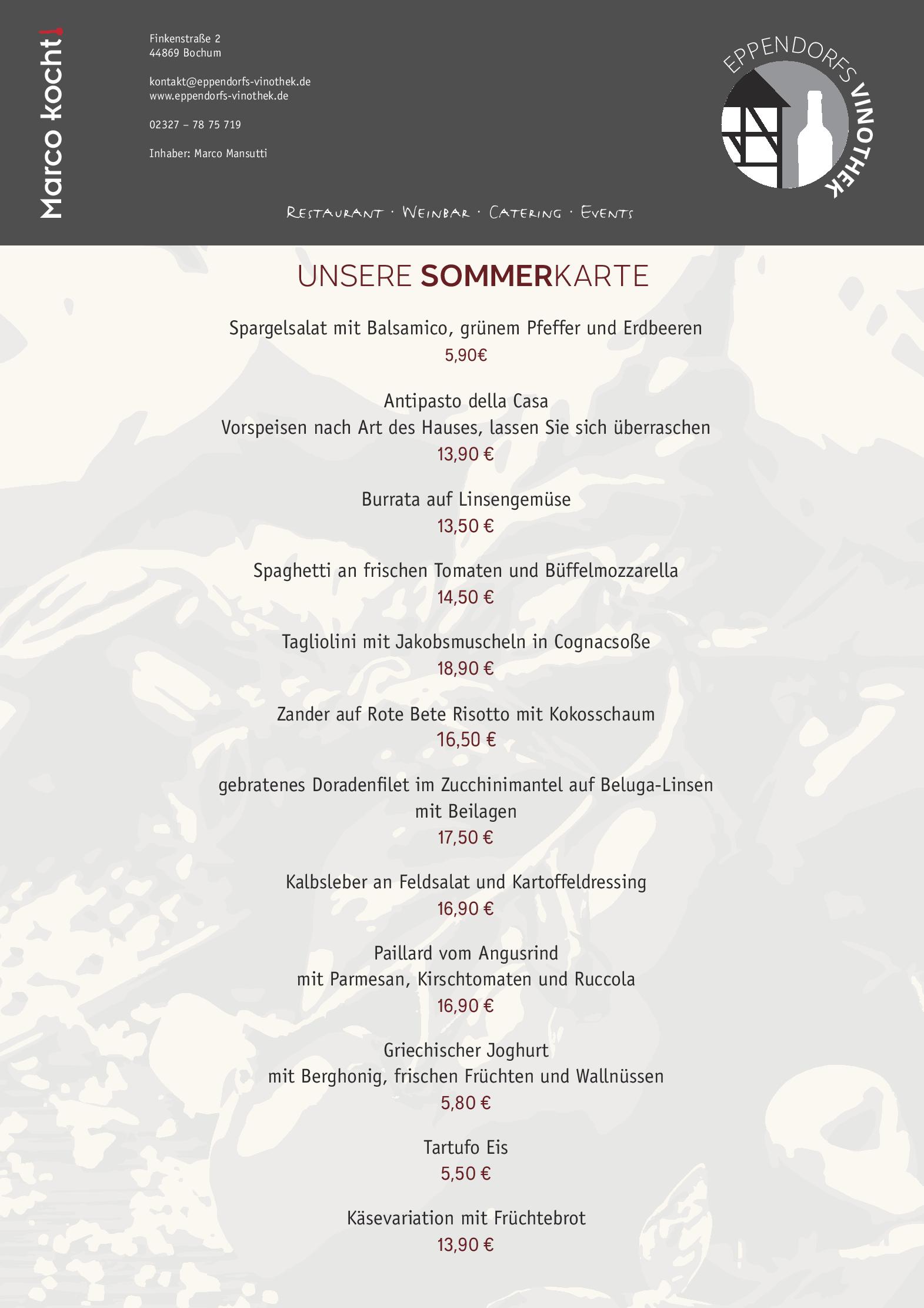 Speisekarte Eppendorfs Vinothek in Bochum, Seite 1