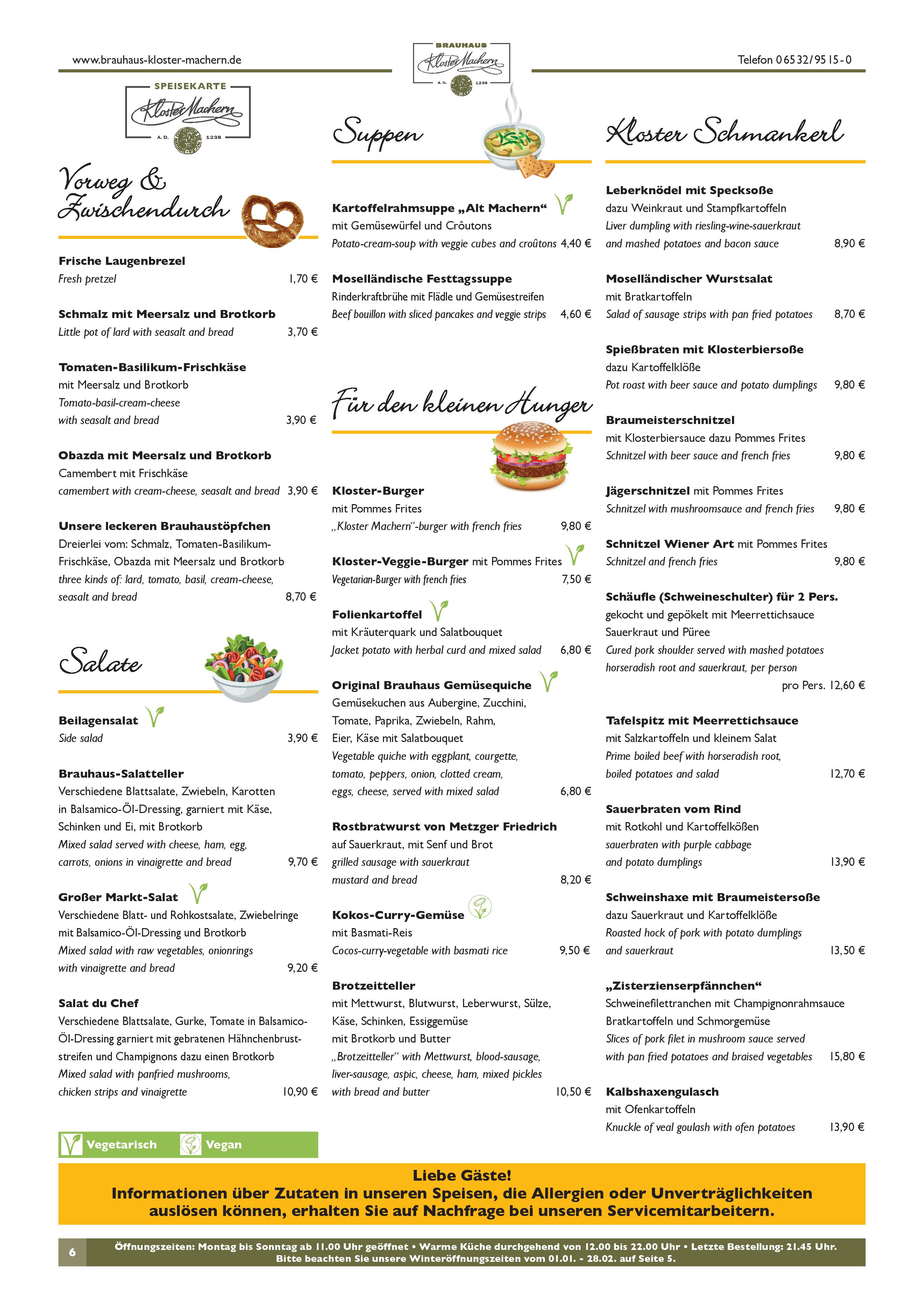 Speisekarte Brauhaus Kloster Machern in Bernkastel-Kues, Seite 1