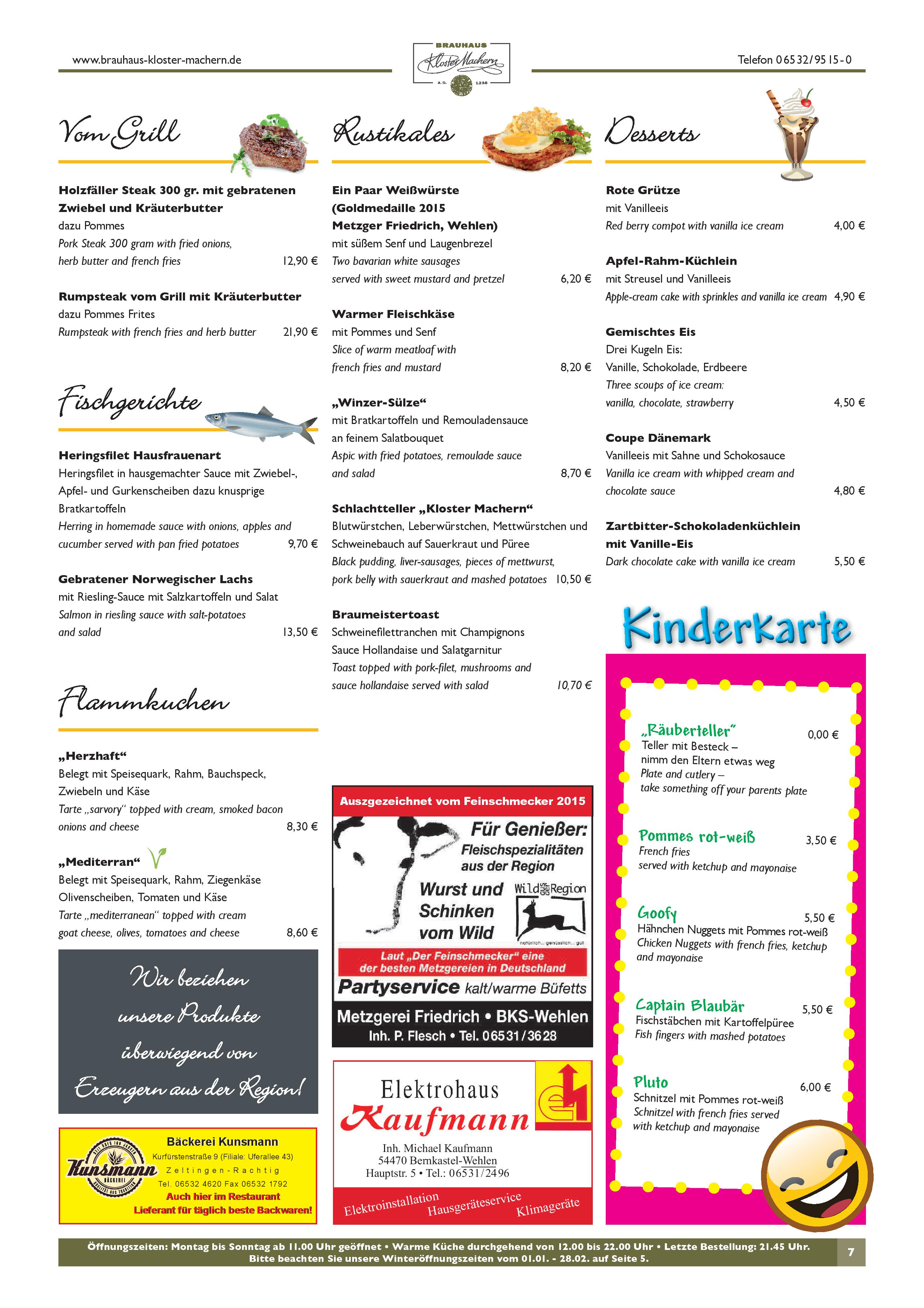 Speisekarte Brauhaus Kloster Machern in Bernkastel-Kues, Seite 2