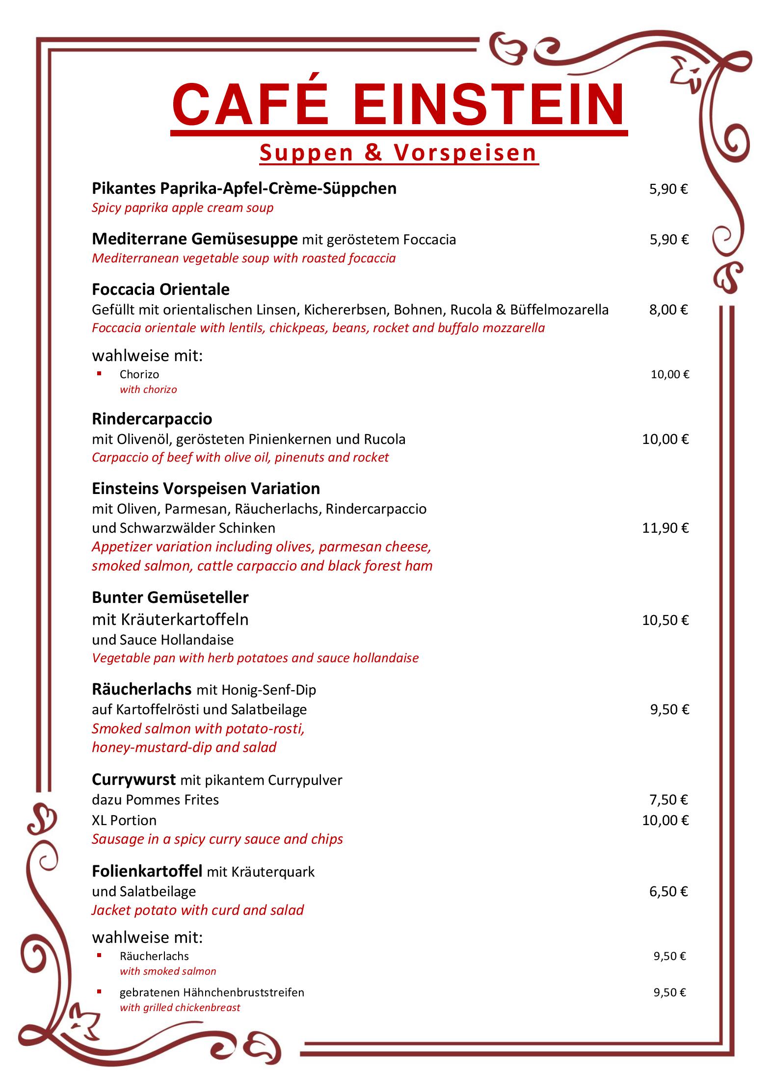 Speisekarte Café Einstein in Koblenz, Seite 1