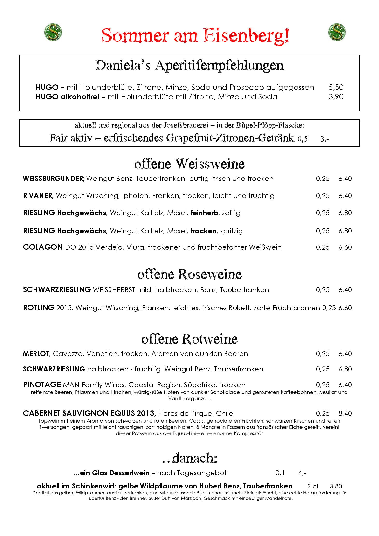 Speisekarte Waldhotel Schinkenwirt in Olsberg, Seite 1