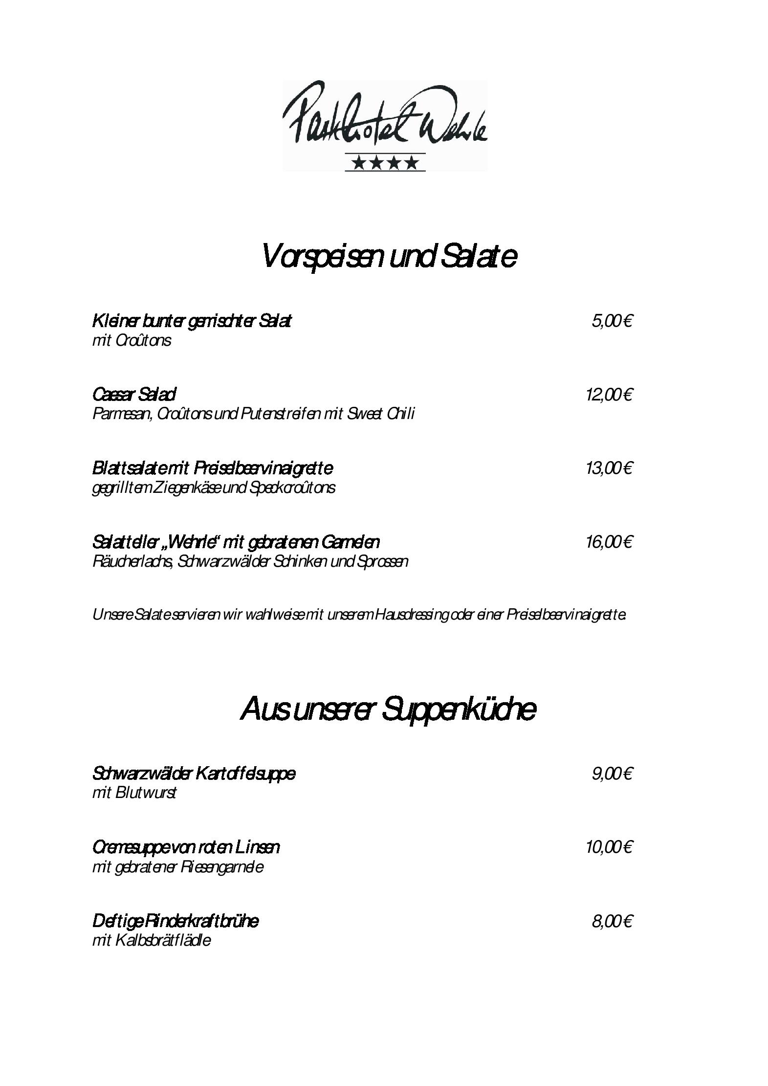 Speisekarte Parkhotel Wehrle GmbH in Triberg, Seite 1