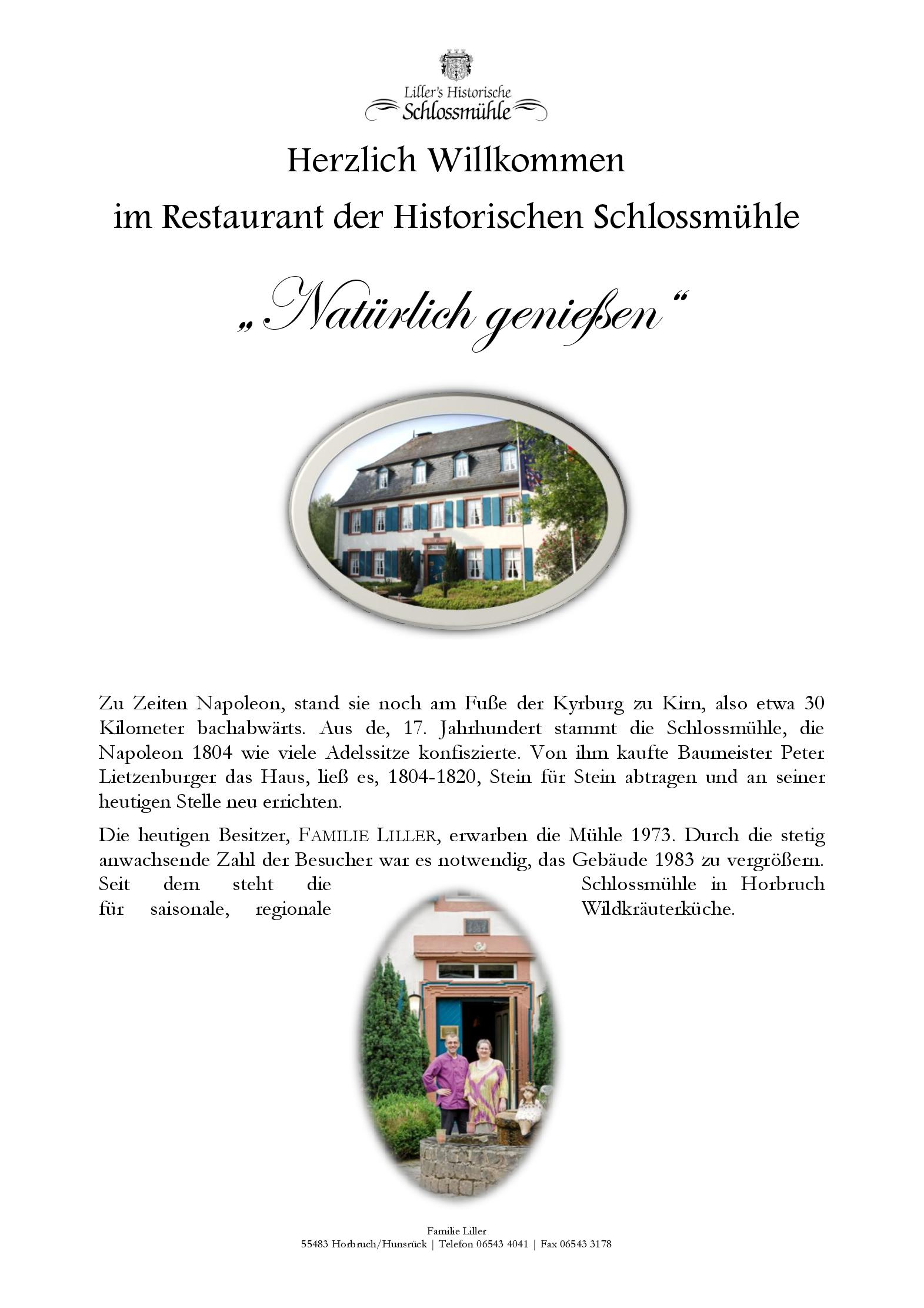 Speisekarte Historische Schlossmühle in Horbruch, Seite 1