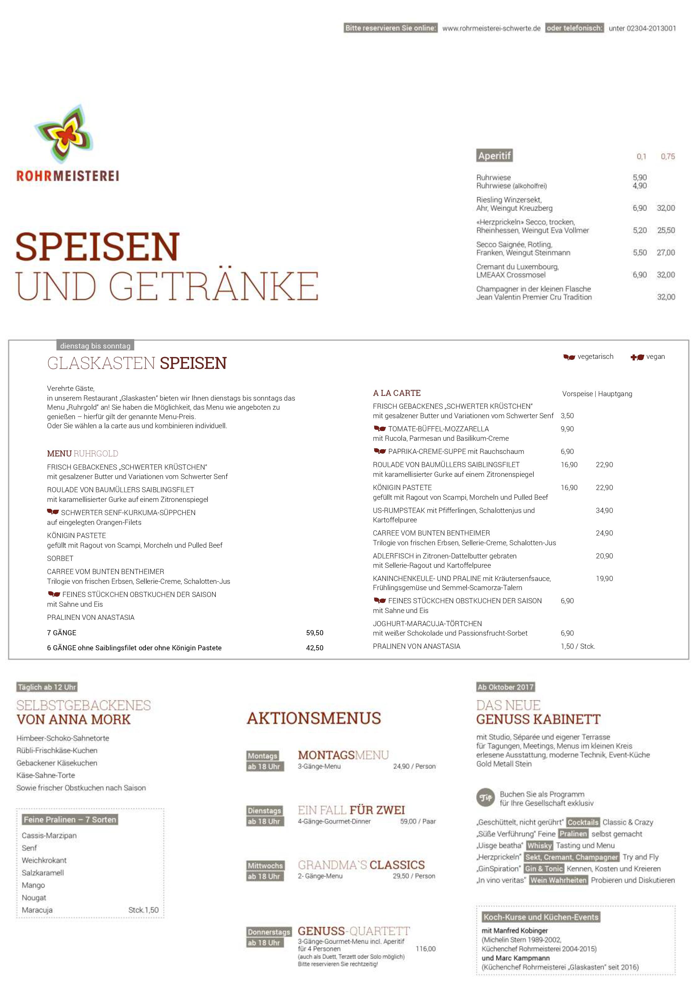 Speisekarte Rohrmeisterei 'Glaskasten' in Schwerte, Seite 1
