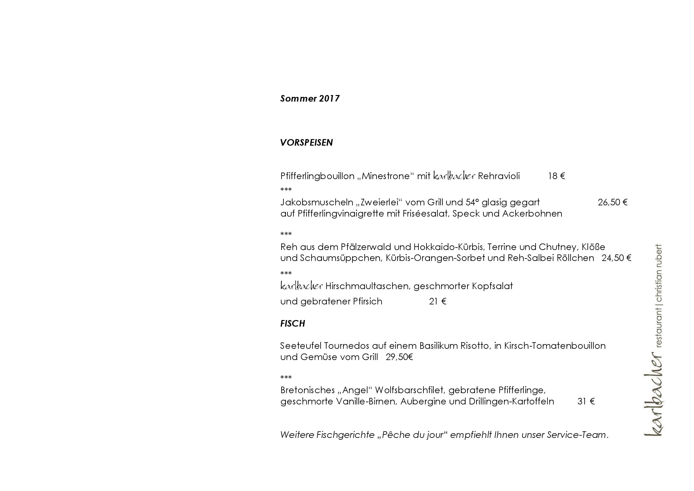 Speisekarte karlbacher restaurant | christian rubert in Großkarlbach, Seite 1