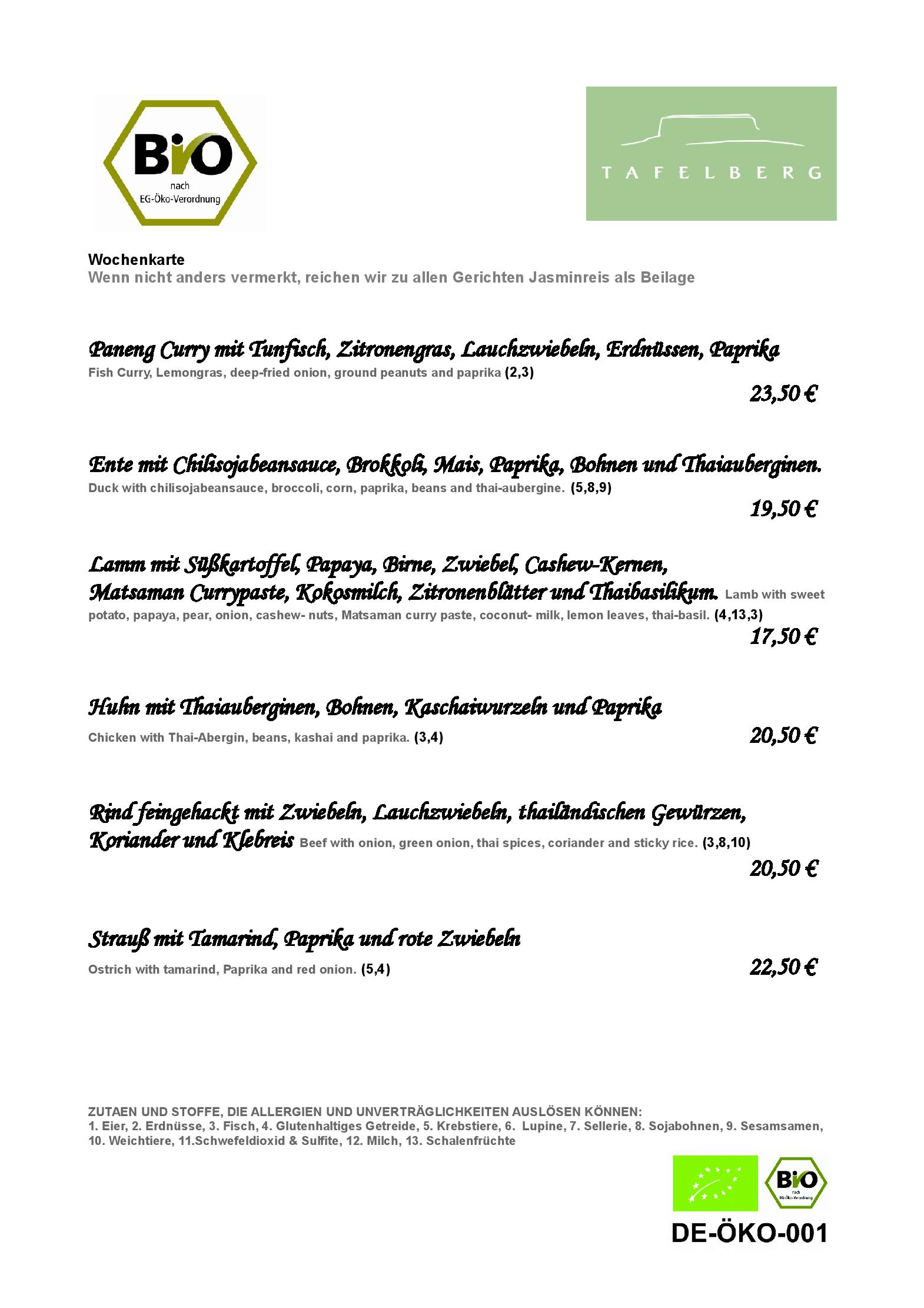 Speisekarte Bio Restaurant Tafelberg in Nürnberg, Seite 1