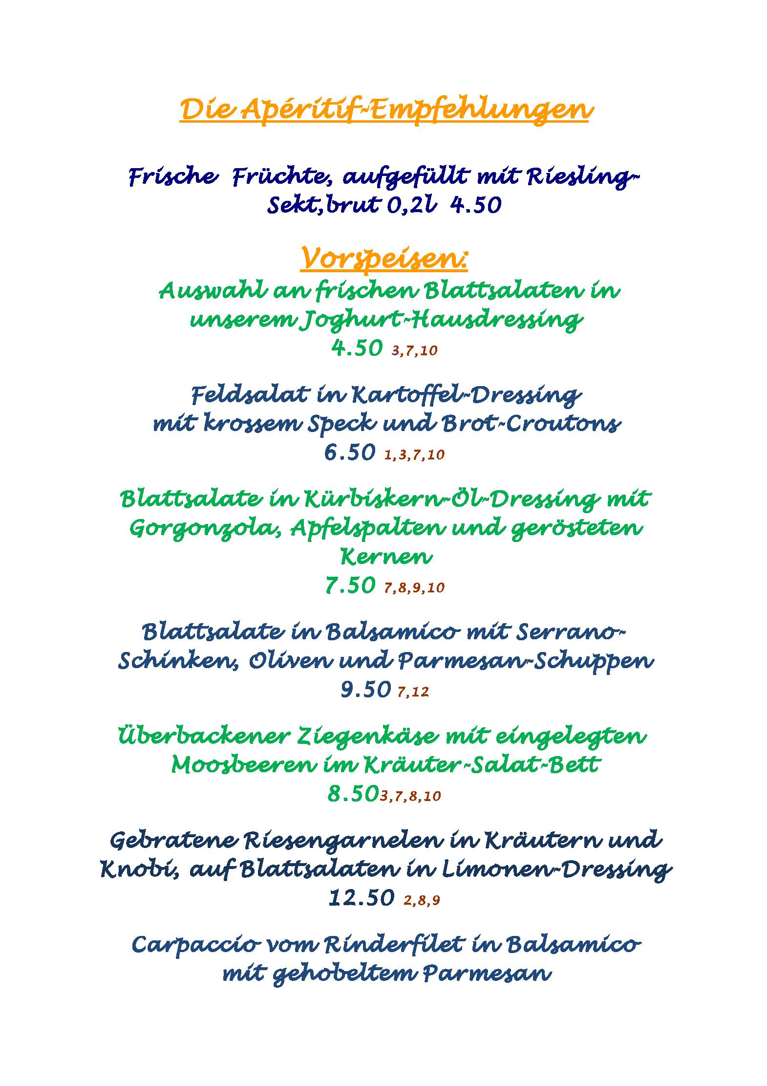 Speisekarte Oranien in Nastätten, Seite 1