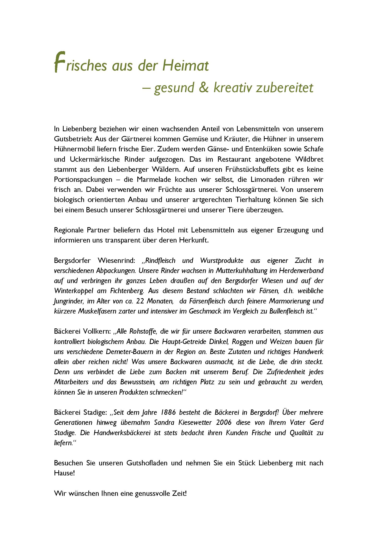 Speisekarte Schloss & Gut Liebenberg in Löwenberger Land, Seite 1