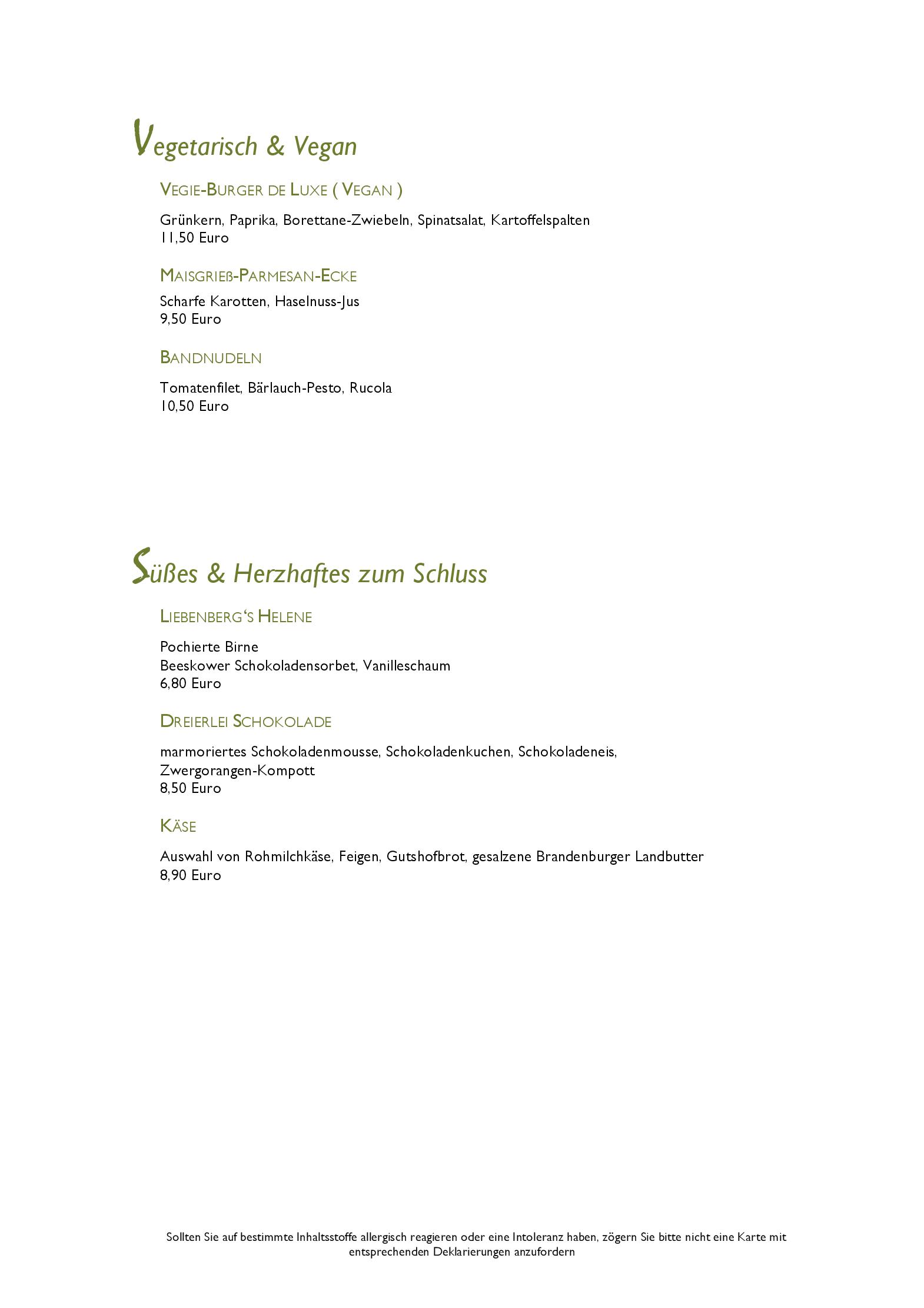 Speisekarte Schloss & Gut Liebenberg in Löwenberger Land, Seite 4