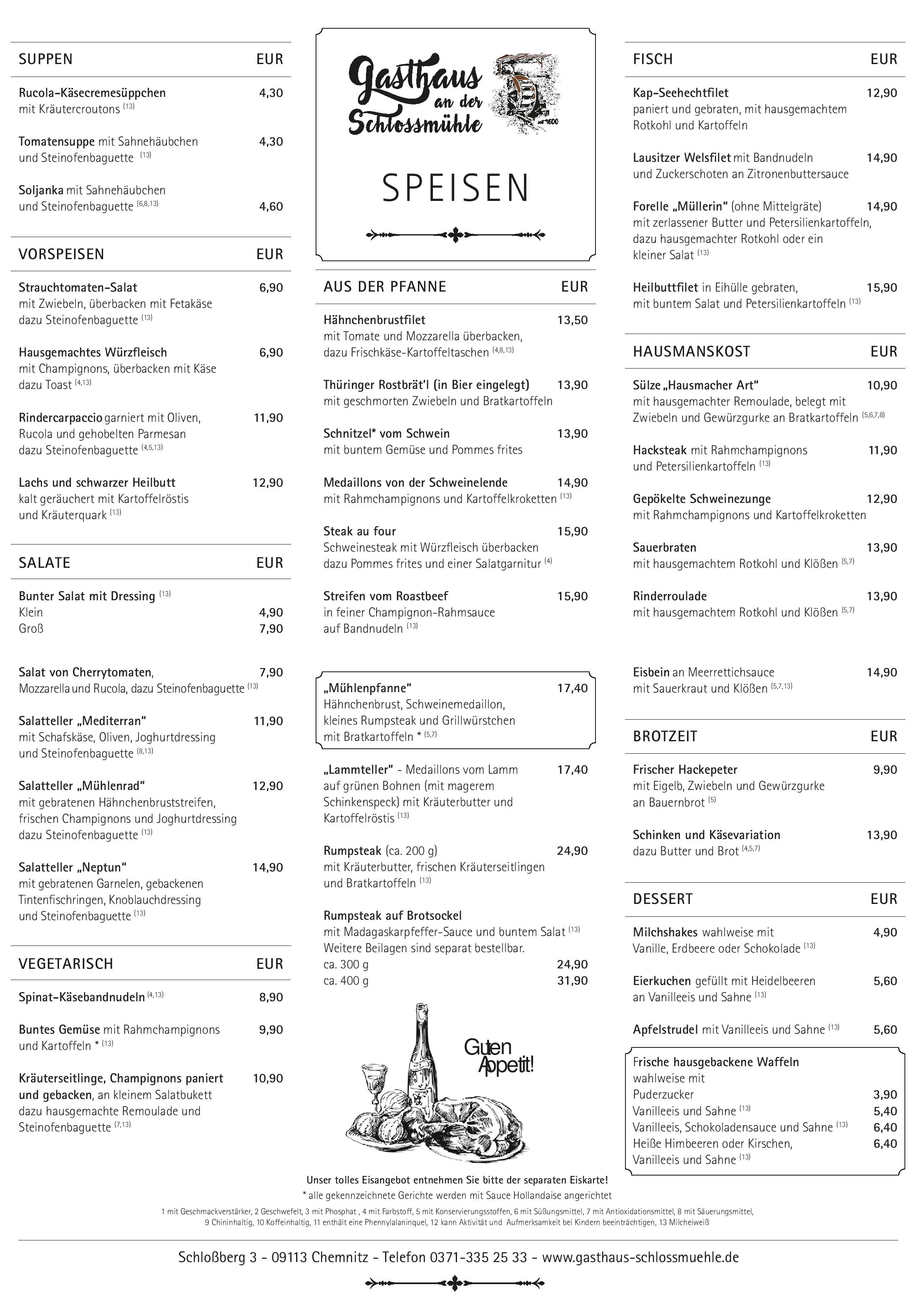 Speisekarte Gasthaus 'An der Schloßmühle' in Chemnitz, Seite 1