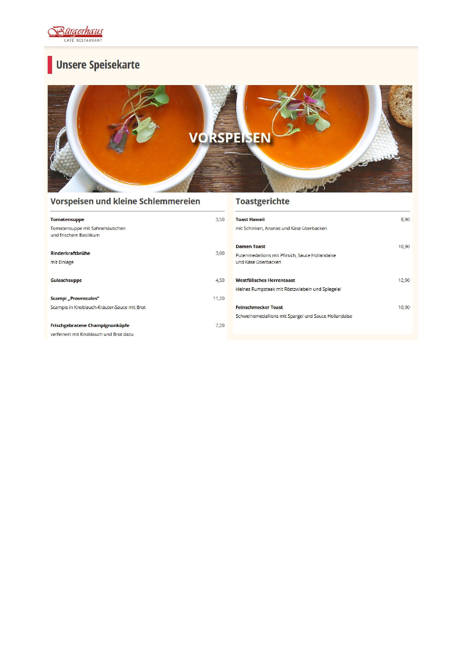 Speisekarte Café-Restaurant Bürgerhaus in Sendenhorst, Seite 1