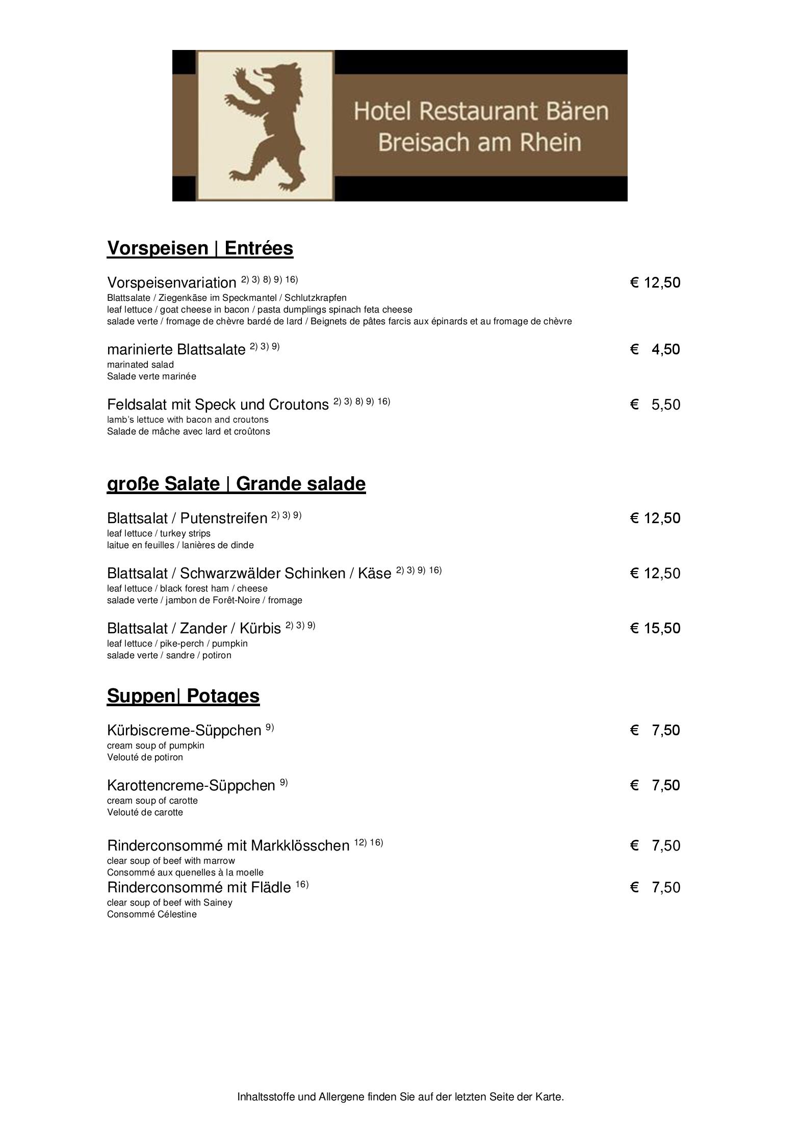Speisekarte Hotel Restaurant Bären in Breisach, Seite 1