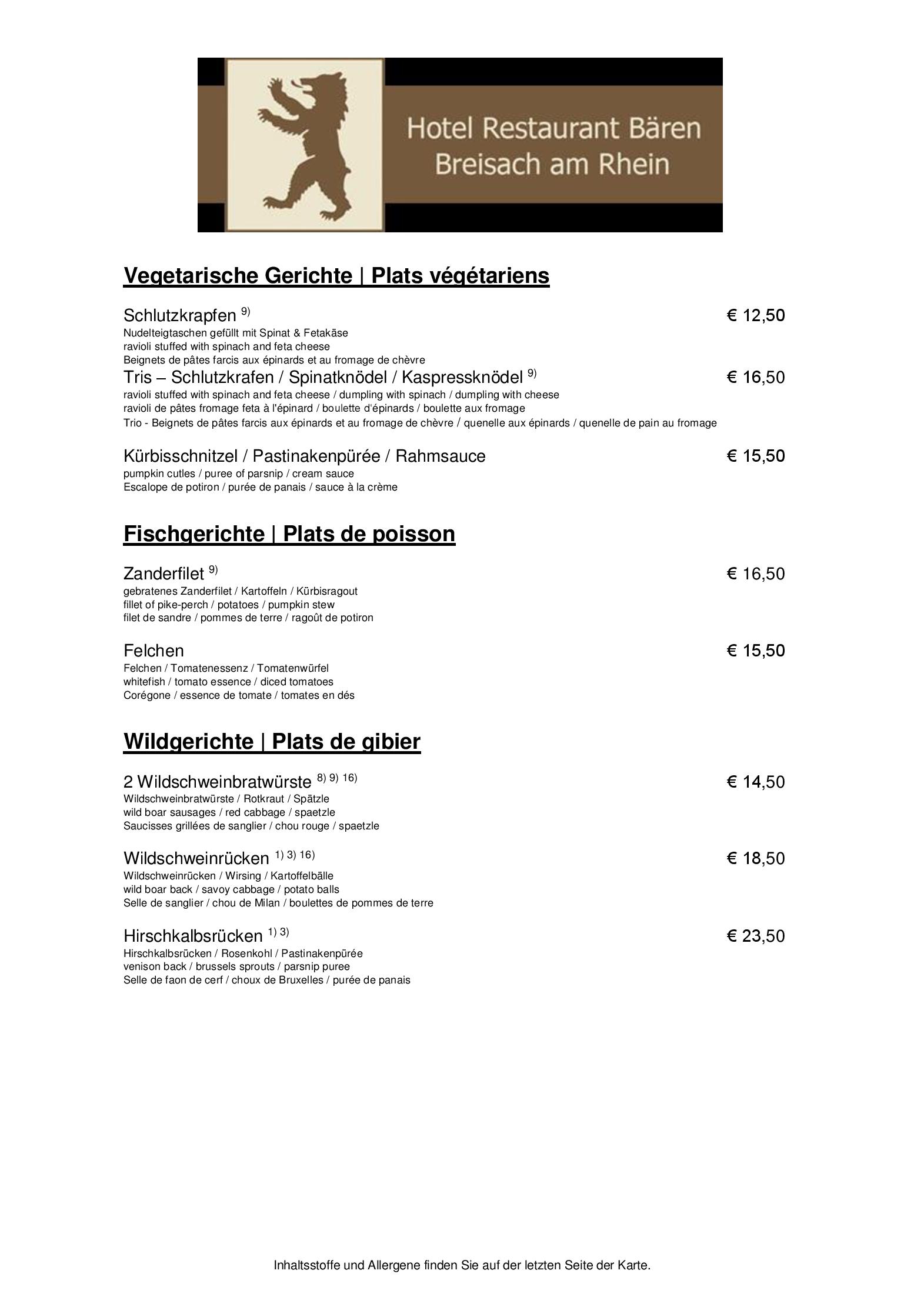 Speisekarte Hotel Restaurant Bären in Breisach, Seite 2