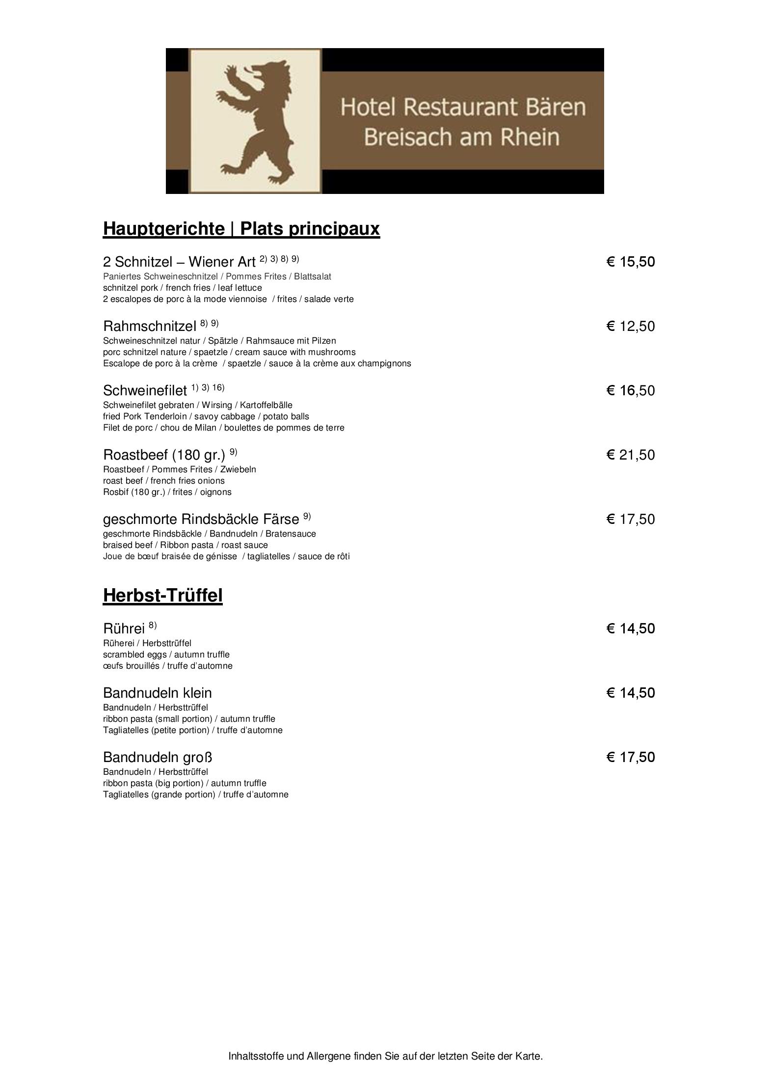 Speisekarte Hotel Restaurant Bären in Breisach, Seite 3