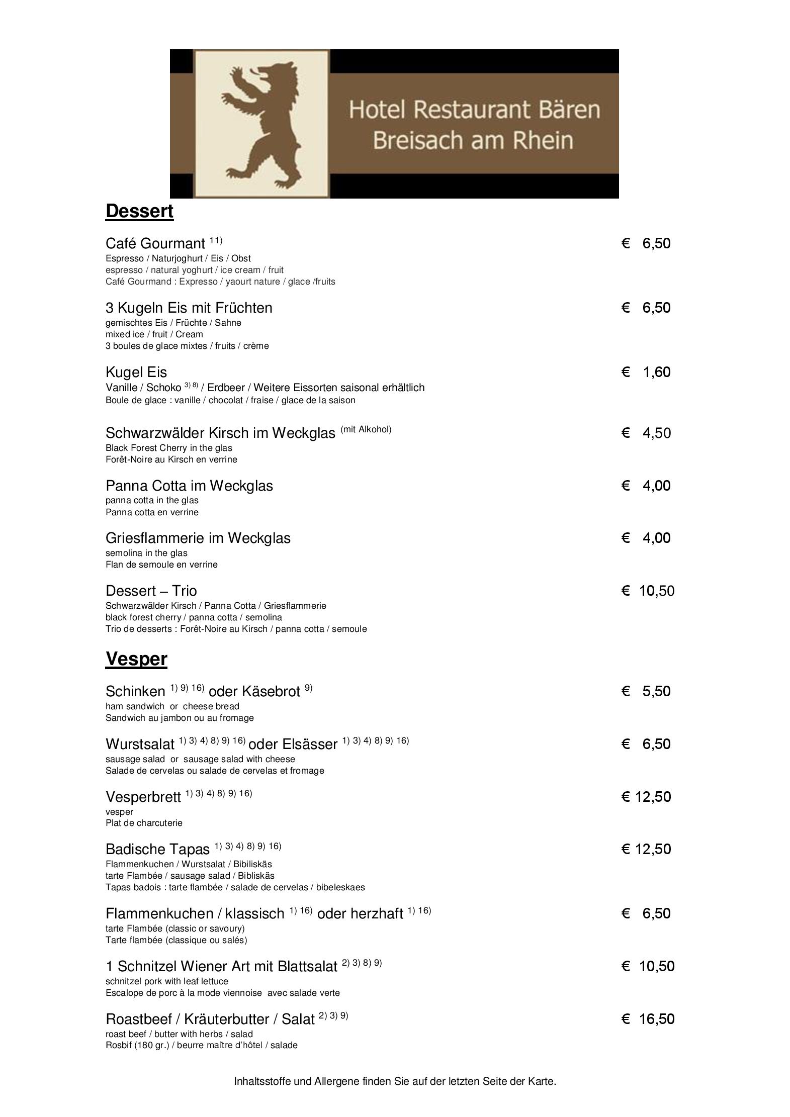Speisekarte Hotel Restaurant Bären in Breisach, Seite 4