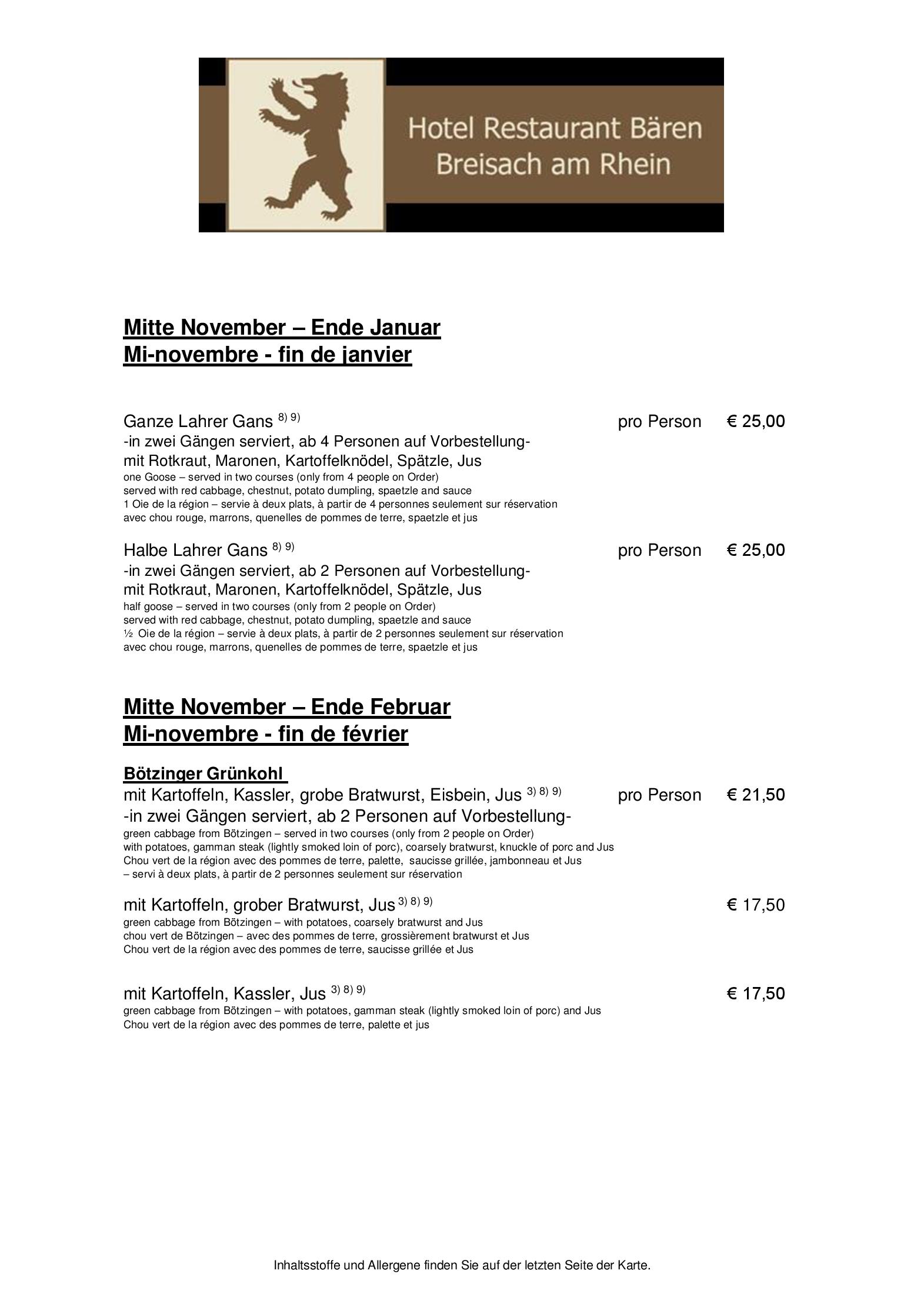 Speisekarte Hotel Restaurant Bären in Breisach, Seite 5