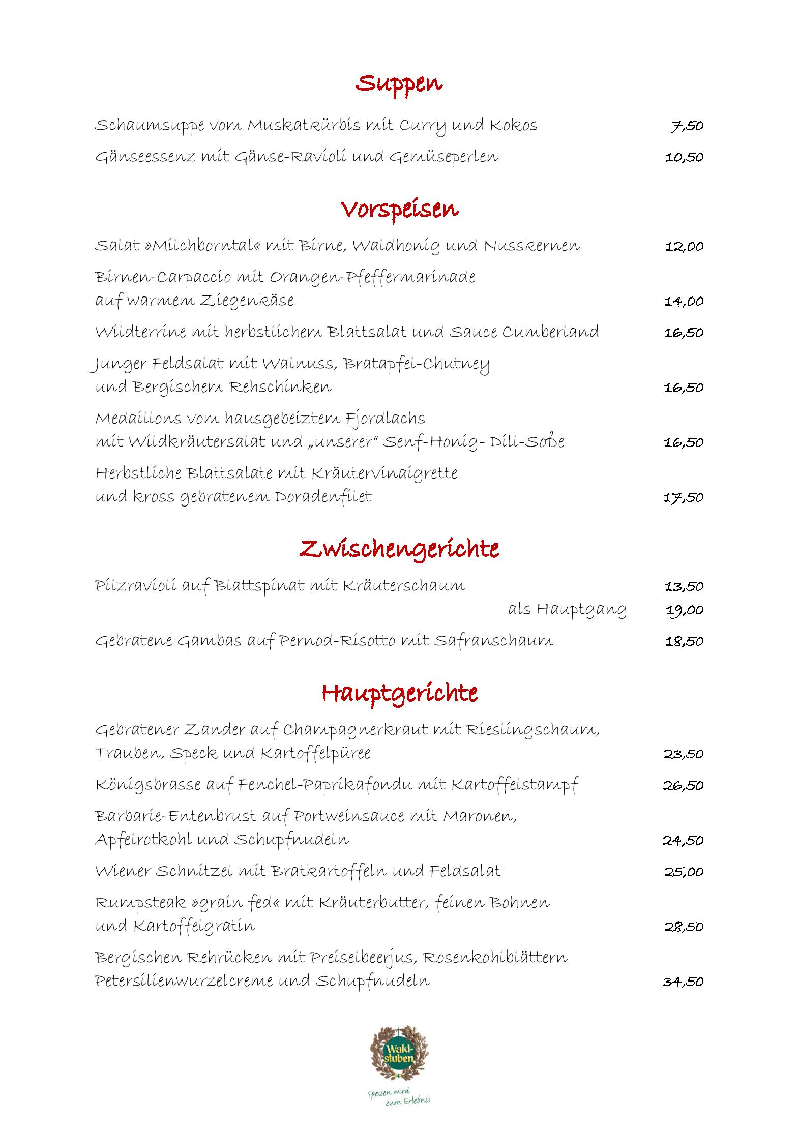 Speisekarte Waldstuben in Bergisch Gladbach, Seite 2