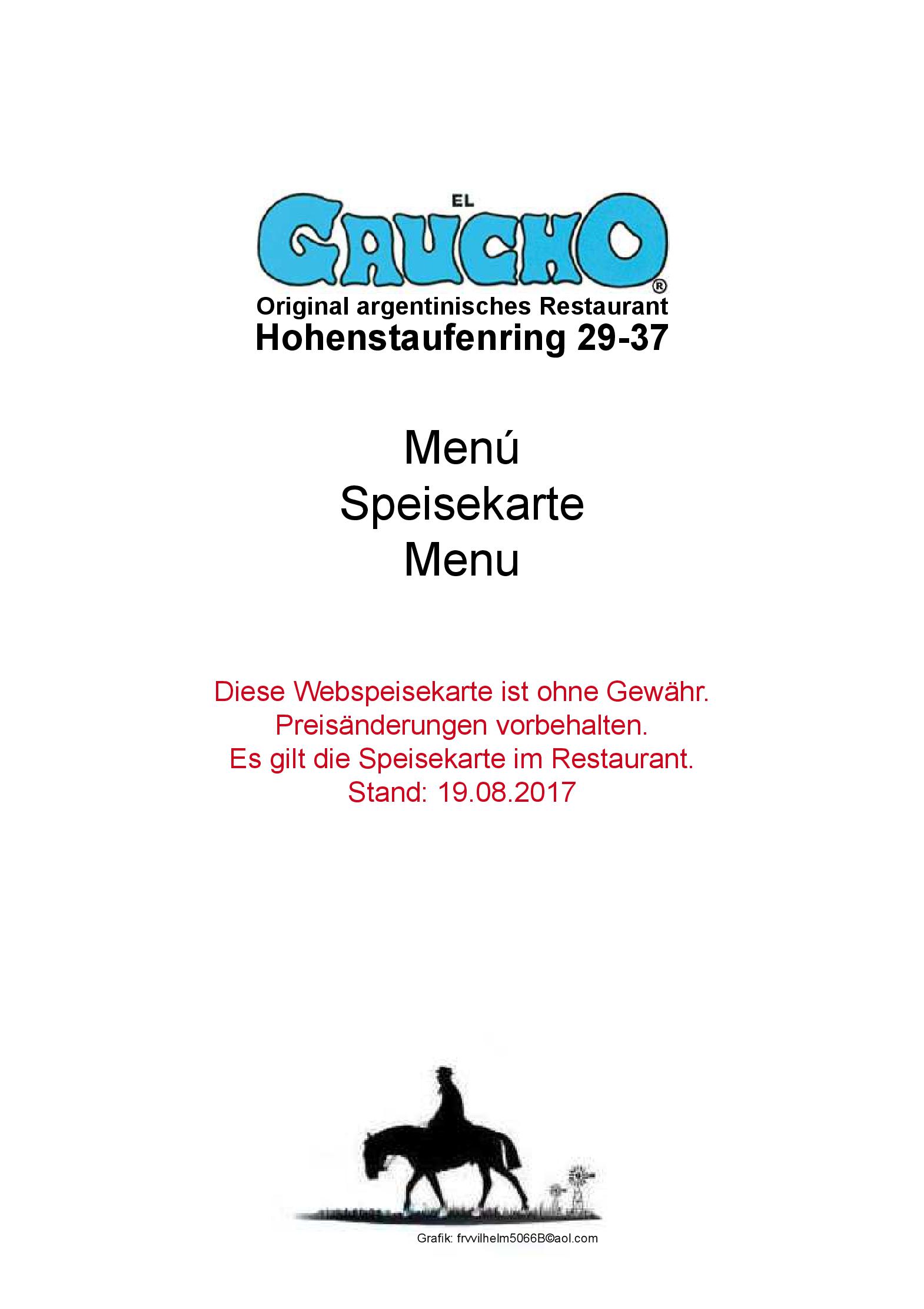 Speisekarte El Gaucho - Original argentinisches Restaurant & Steakhaus in Köln, Seite 1