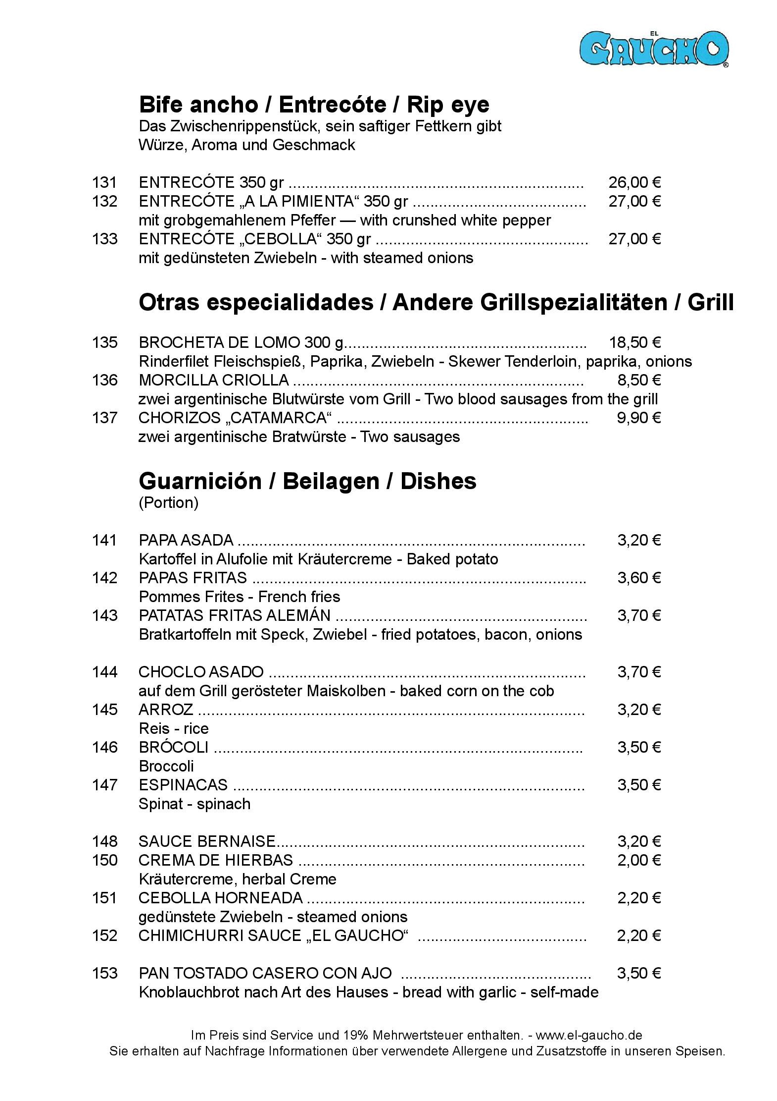 Speisekarte El Gaucho - Original argentinisches Restaurant & Steakhaus in Köln, Seite 5