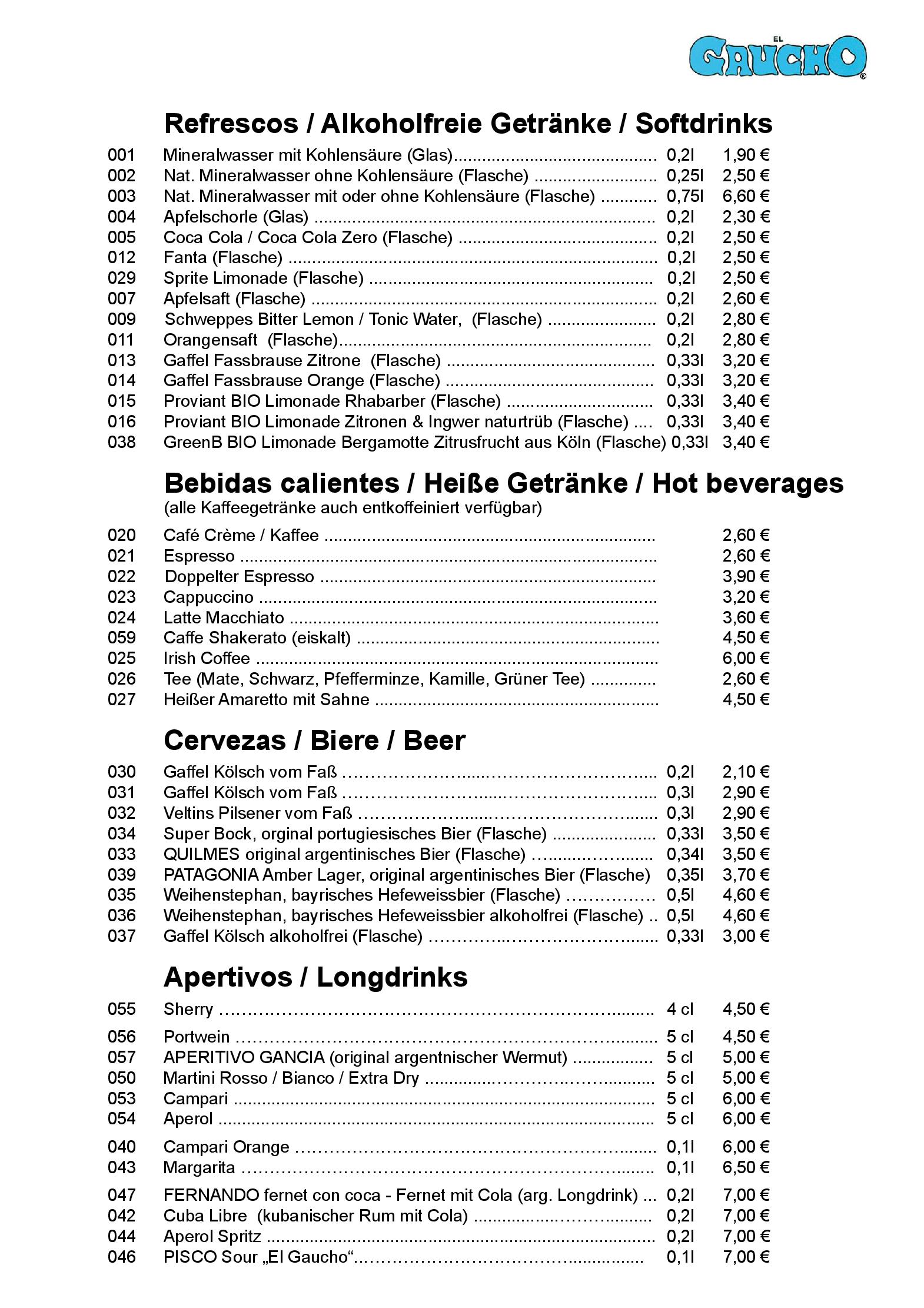 Speisekarte El Gaucho - Original argentinisches Restaurant & Steakhaus in Köln, Seite 7