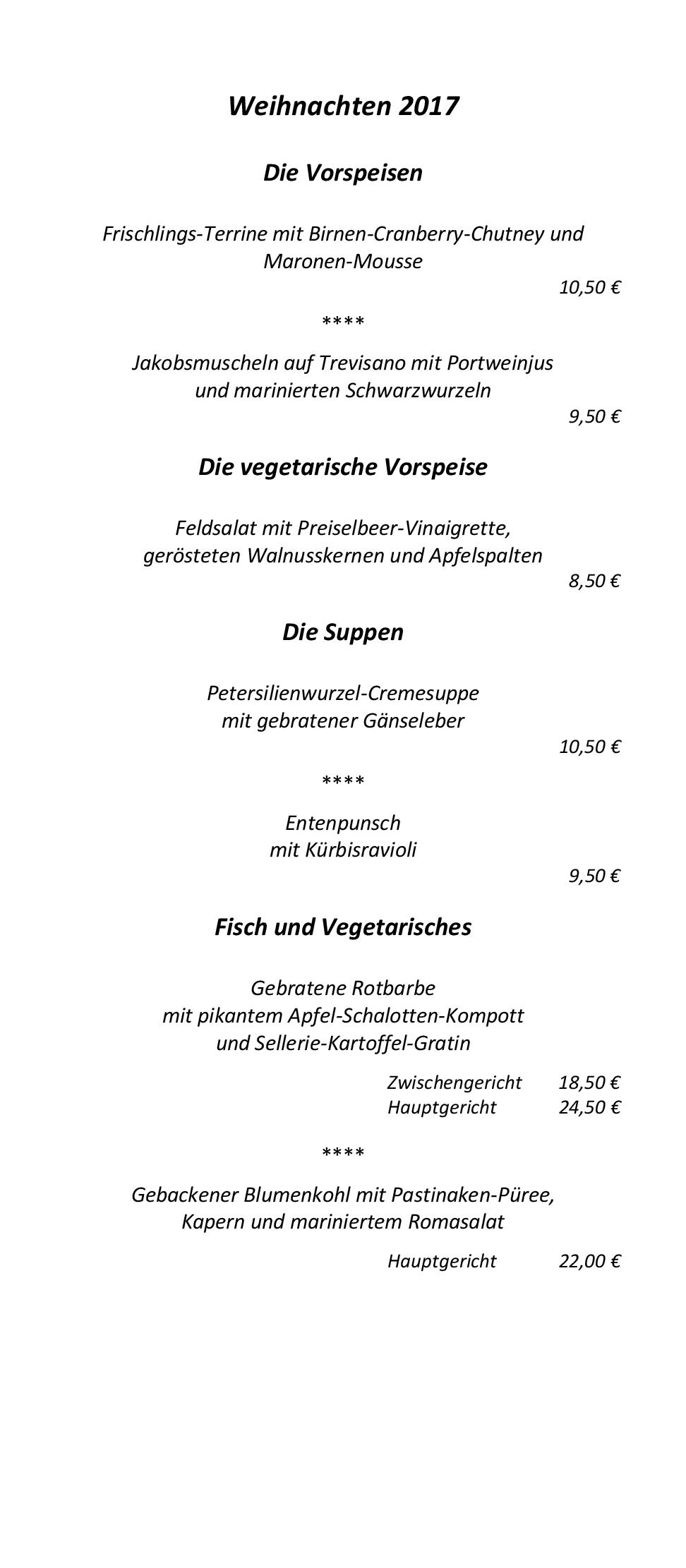 Speisekarte Orangerie im Schloß Ziethen in Kremmen, Seite 1