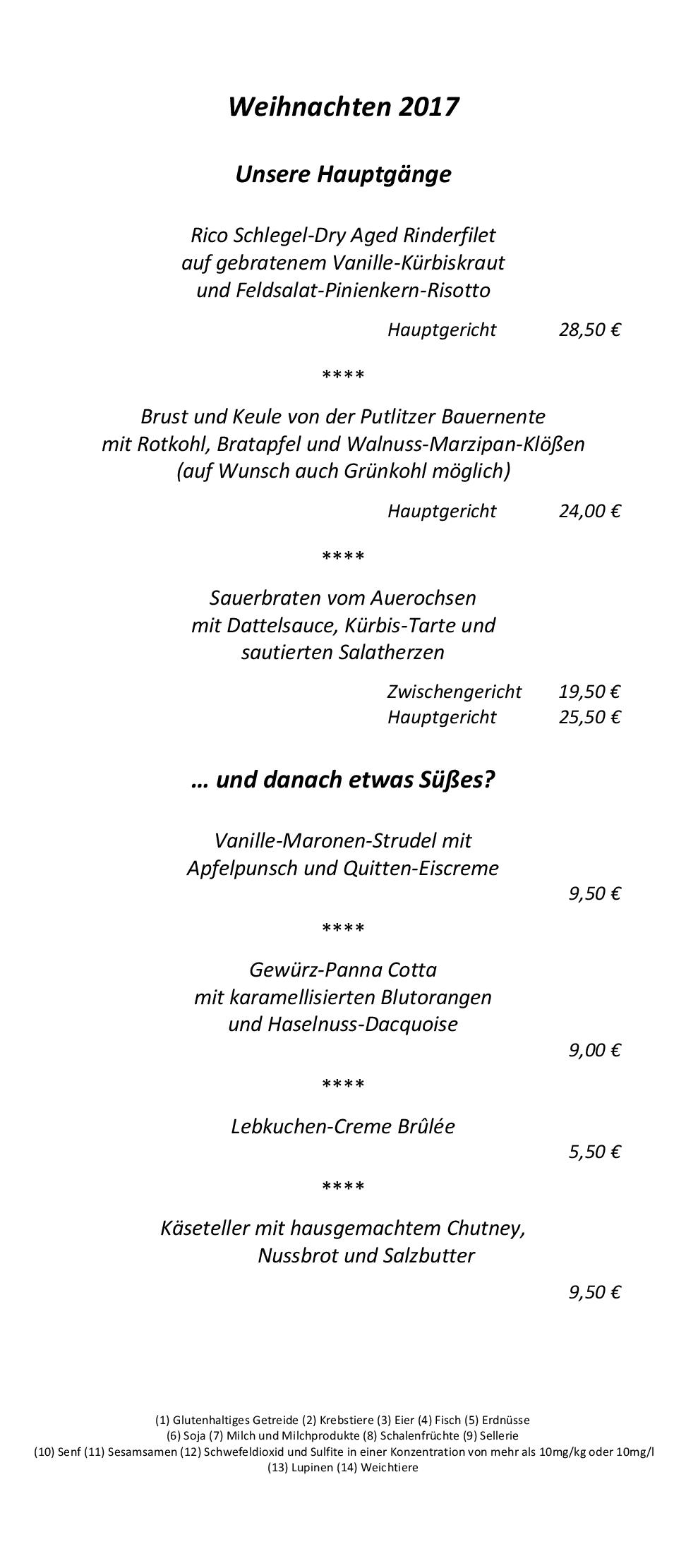 Speisekarte Orangerie im Schloß Ziethen in Kremmen, Seite 2