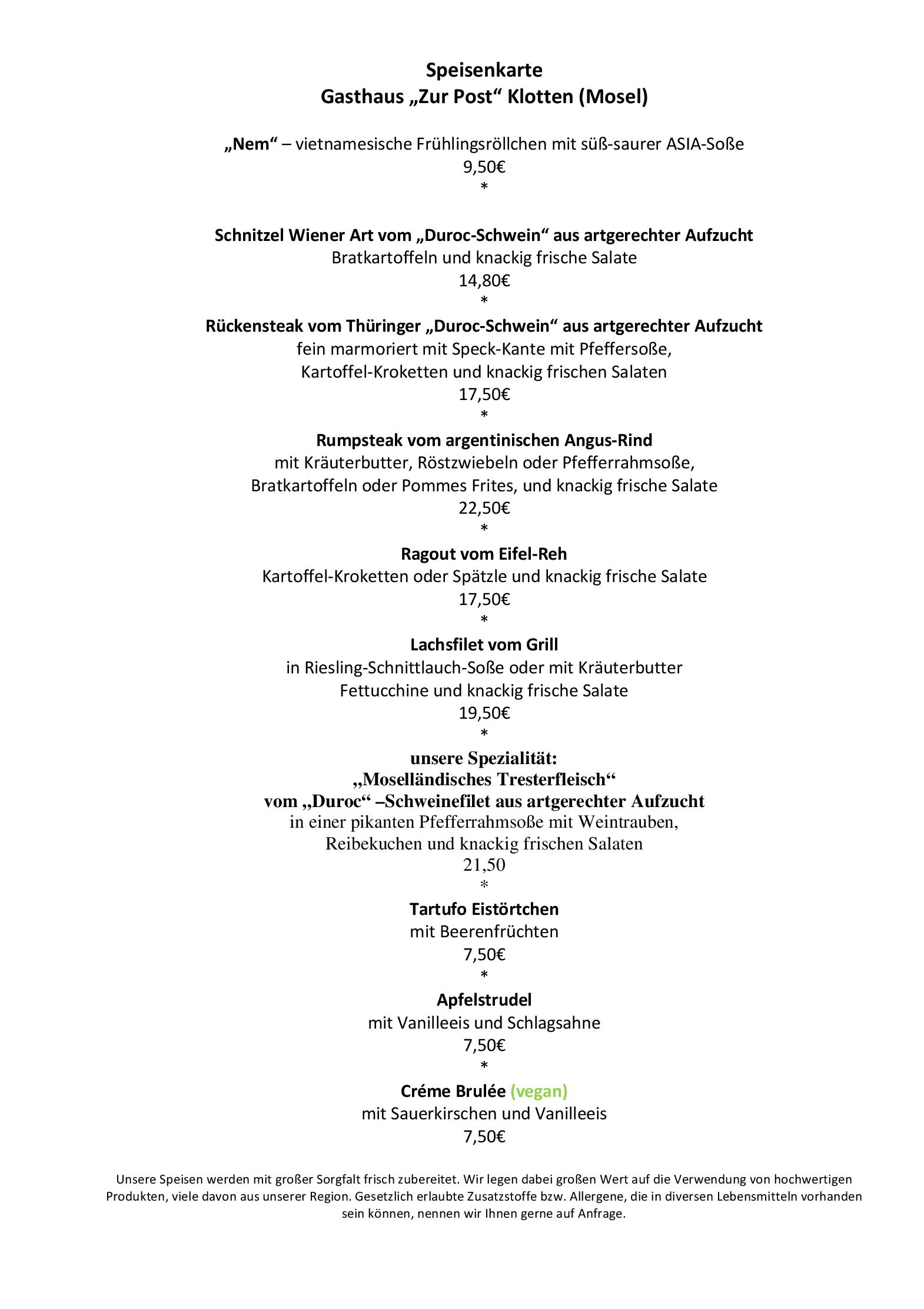 Speisekarte Hotel-Gasthaus und Restaurant Zur Post in Klotten, Seite 5