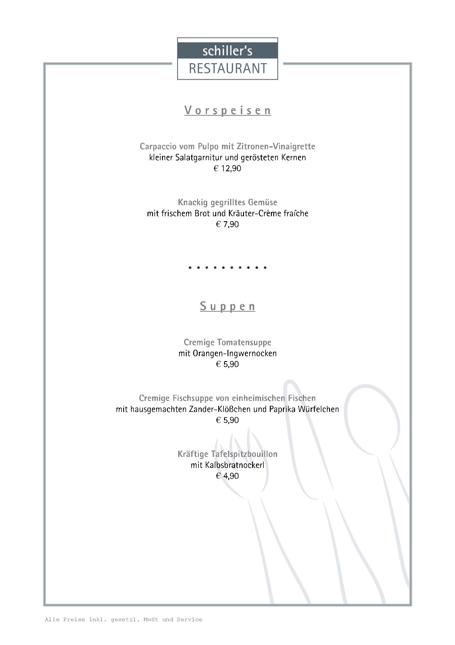 Speisekarte Schiller´s Restaurant - im Hotel Schiller in Olching, Seite 1