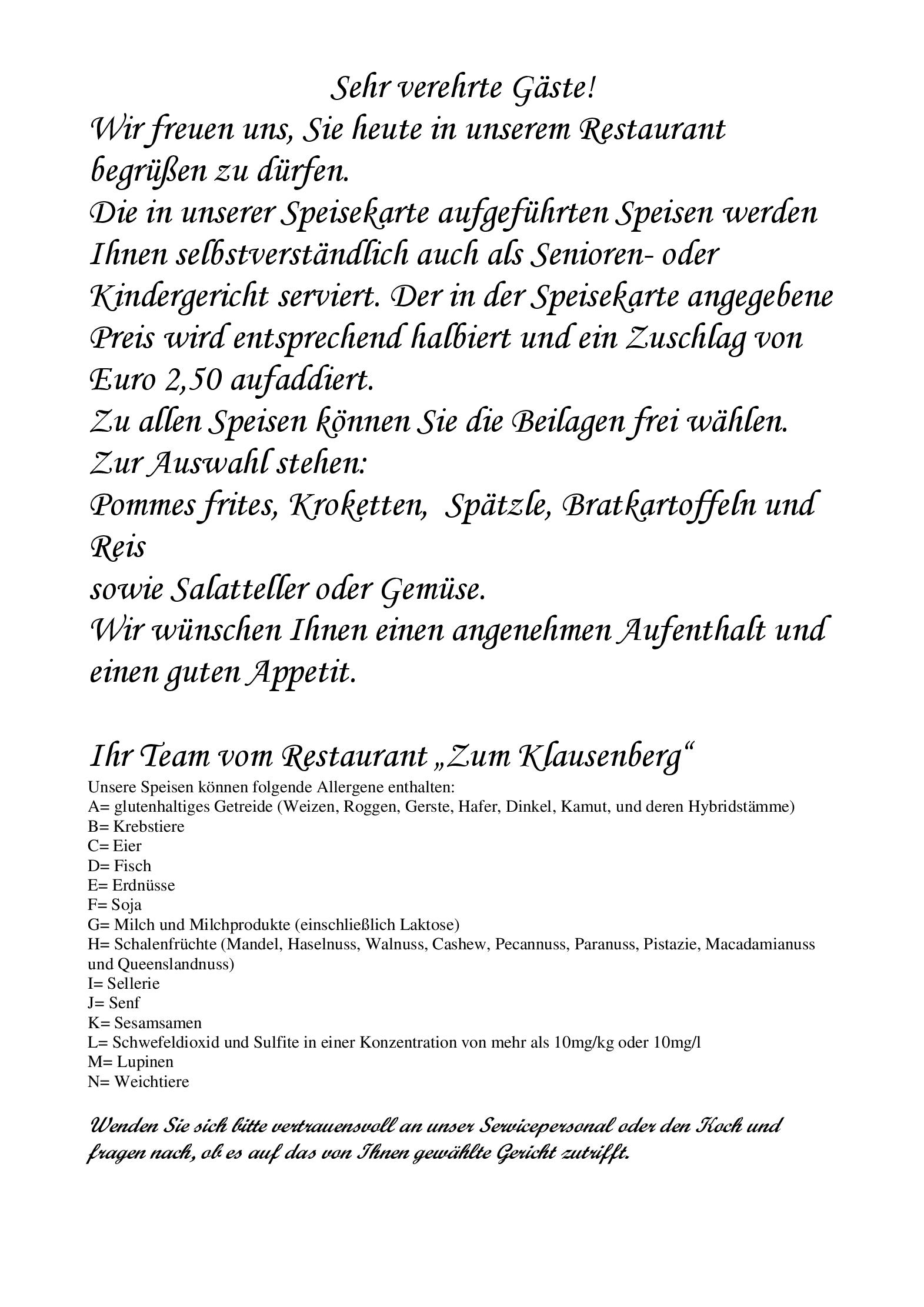 Speisekarte Zum Klausenberg in Worms-Pfeddersheim, Seite 1