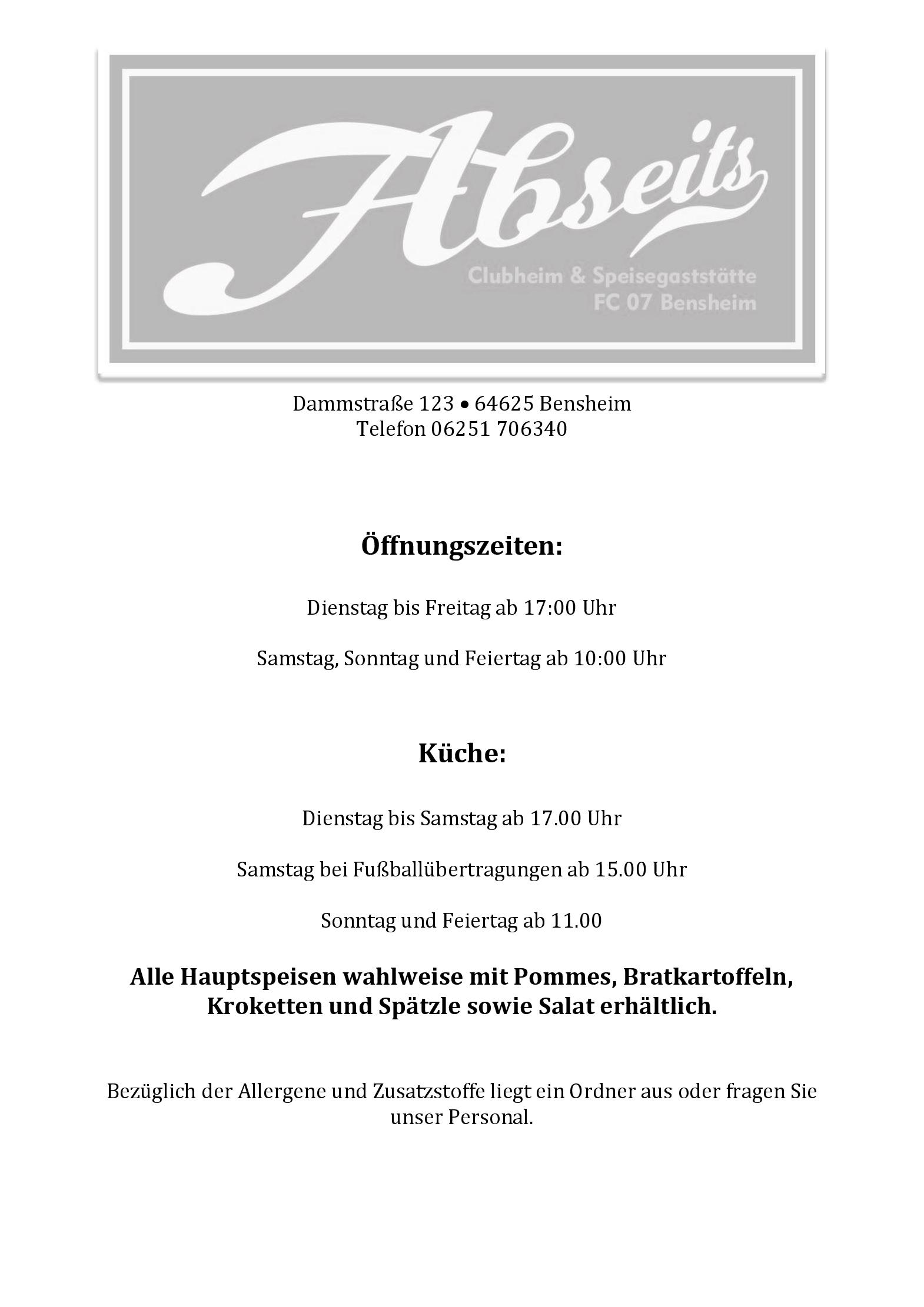 Speisekarte Speisegaststätte & Clubheim Abseits in Bensheim, Seite 1