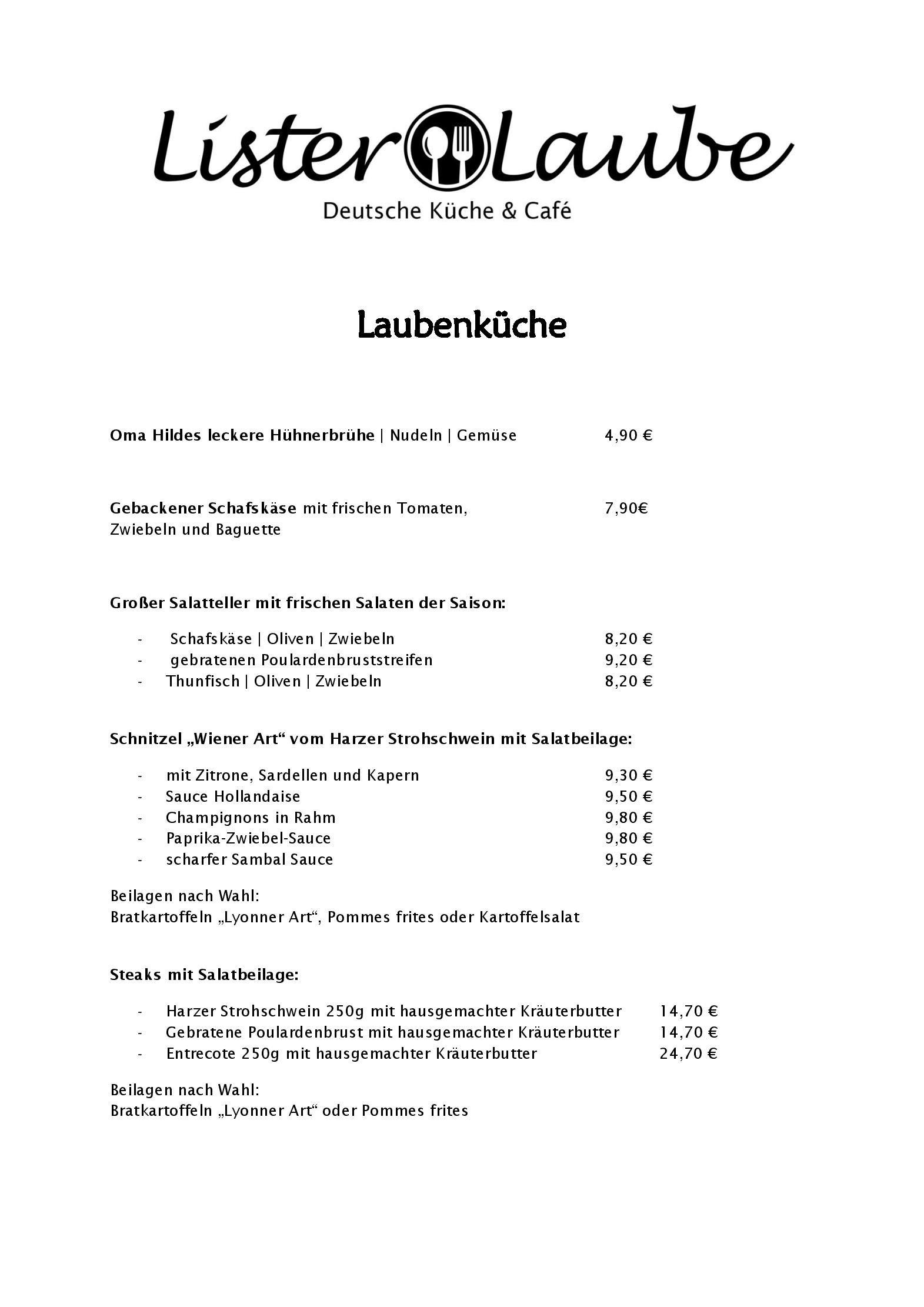Speisekarte Lister Laube Deutsche Küche & Cafe in Hannover, Seite 1