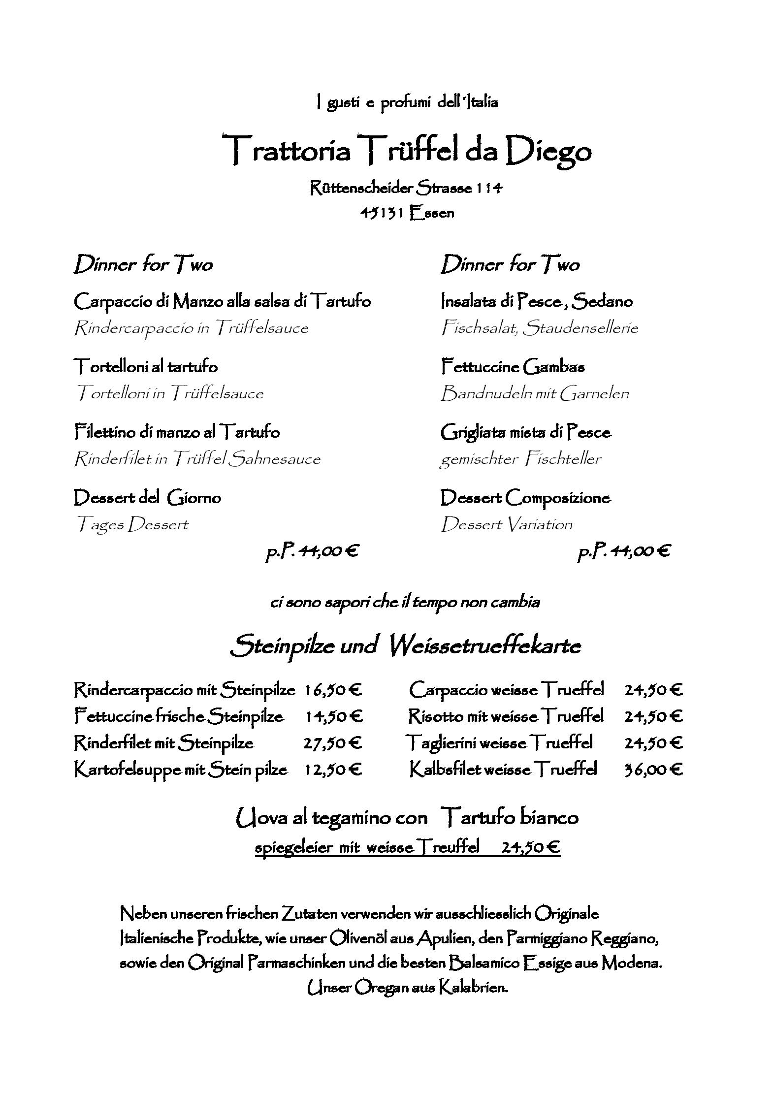 Speisekarte trattoria trüffel in essen, Seite 1