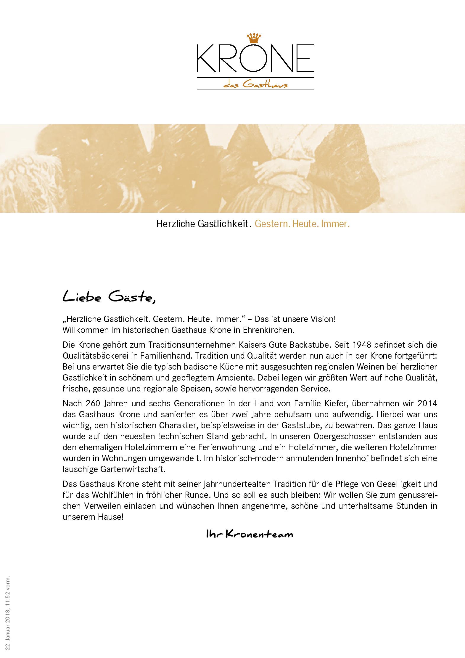 Speisekarte Krone - das Gasthaus in Ehrenkirchen, Seite 1