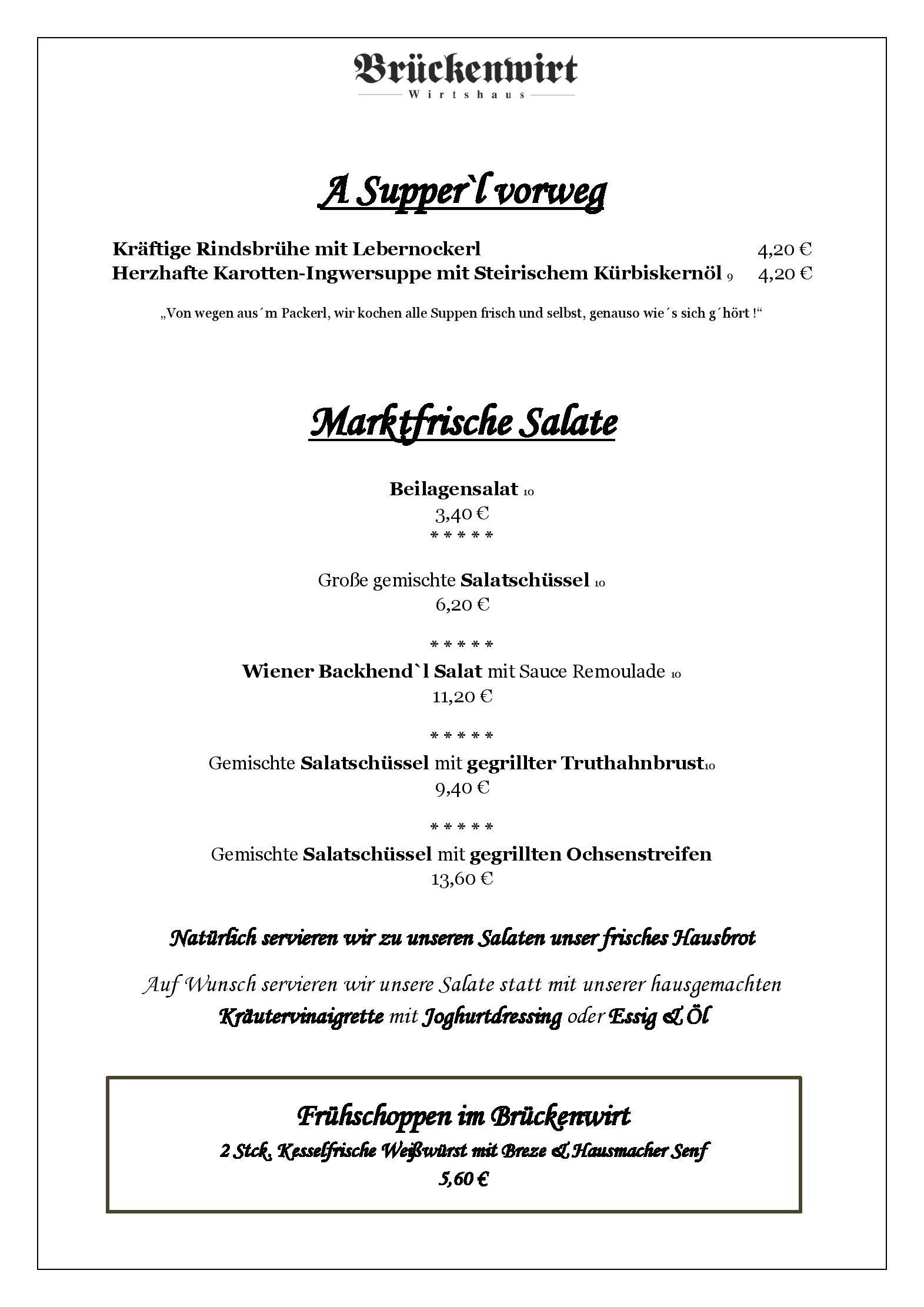 Speisekarte Brückenwirt Wolfratshausen in Wolfratshausen, Seite 1