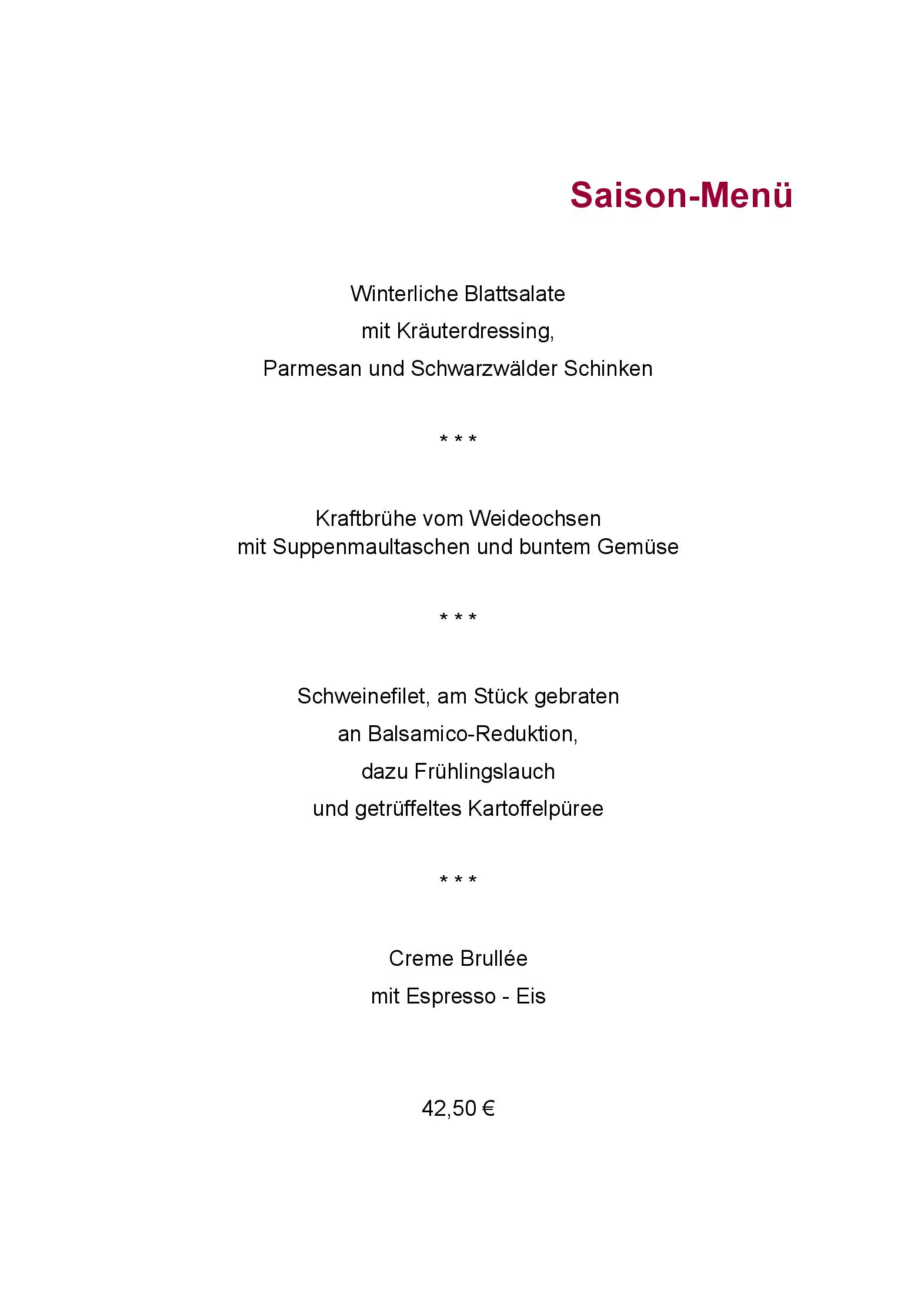 Speisekarte Hotel Schloss Hornberg in Hornberg, Seite 1
