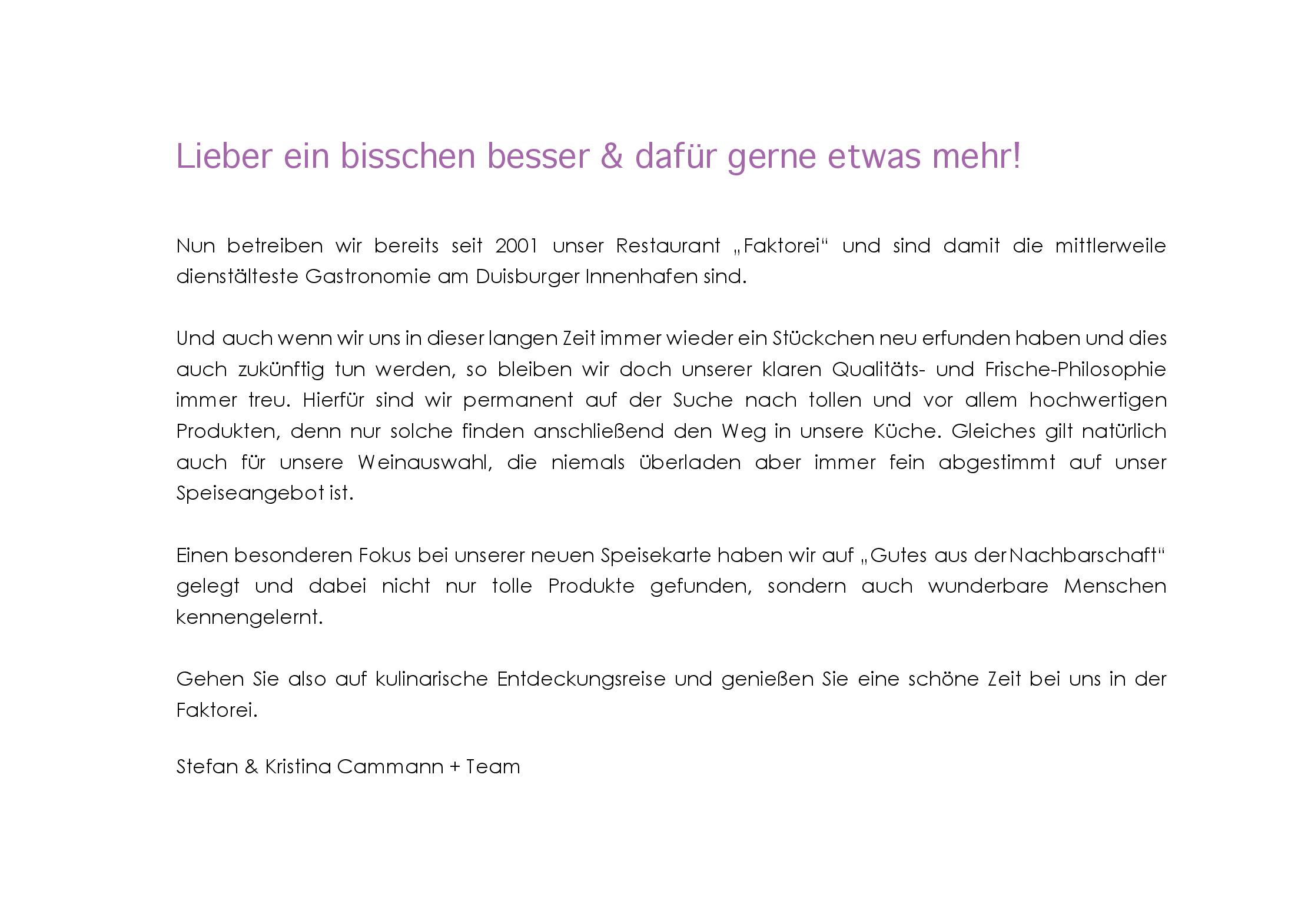 Speisekarte Faktorei in Duisburg, Seite 1